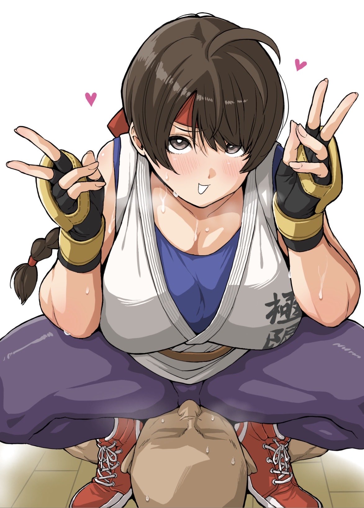 1boy, 1girl, art of fighting, big breasts, blush, breasts, brown hair, clothed female nude male, cunnilingus, cunnilingus through clothes, double v, facesitting, female on top, fully clothed, headband, heart, high-angle view, junkie3g, king of fighters, large breasts, leggings, long hair, looking at viewer, nude, oral, pale skin, pants, pussy, ryuuko no ken, shoes, skirt, sneakers, snk, spandex, spread legs, squatting, straddling, sweat, sweatdrop, sweating, the king of fighters, through clothes, tiptoes, v, wet, yoga pants, yuri sakazaki