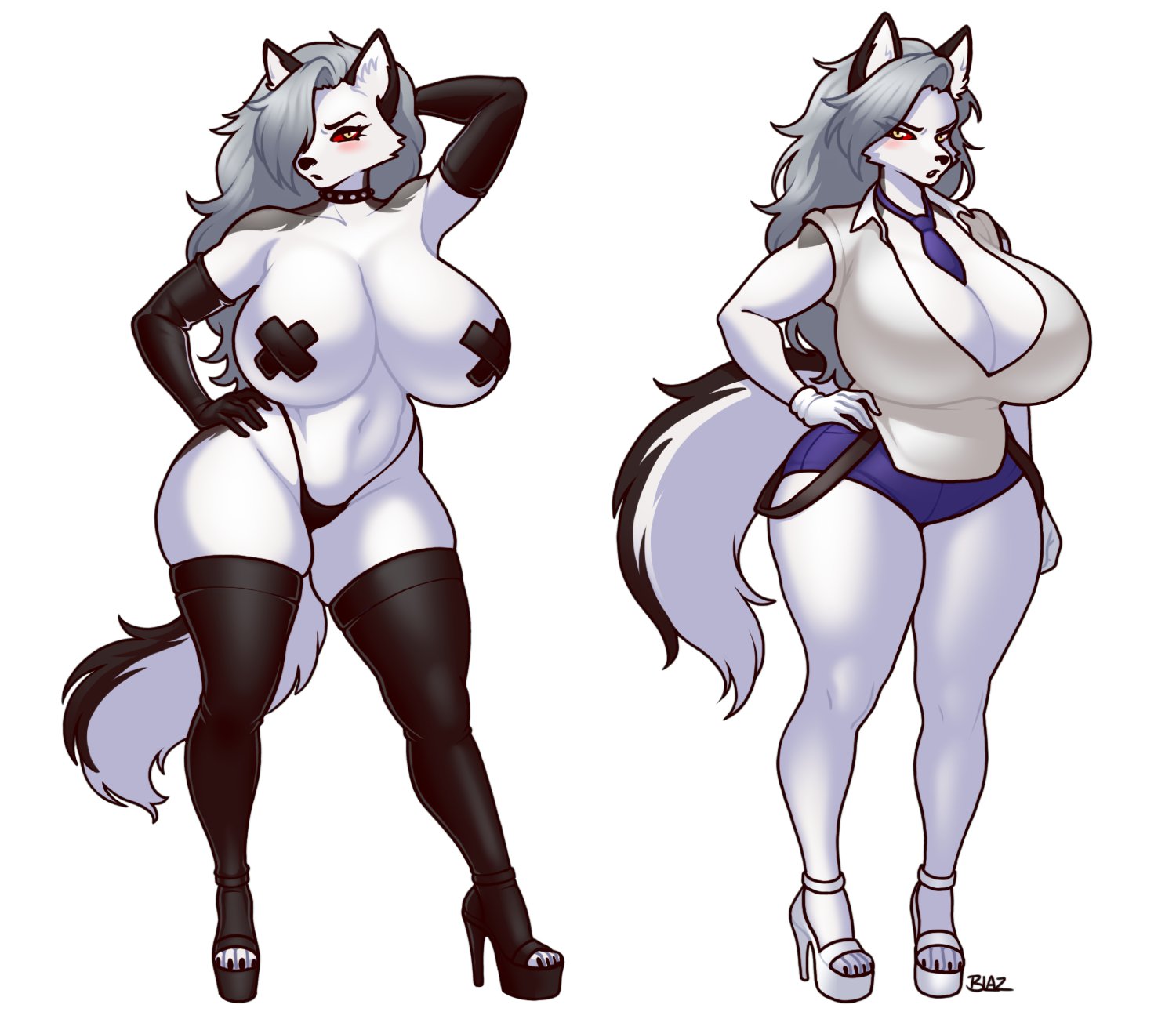 1girls, 2025, anthro, armwear, beautiful, big breasts, black armwear, black stockings, blazbaros, blush, breasts, busty, canid, canine, canis, clothed, clothing, commission, demon, demon girl, ears, female, female only, furry, g-string, goth, goth girl, grey fur, grey hair, hair over one eye, hand behind head, hand on hip, heels, hellaverse, hellhound, helluva boss, hi res, high heels, huge breasts, large breasts, long hair, looking at viewer, loona (helluva boss), mythological canine, mythological creature, mythology, necktie, nipple pasties, pasties, red sclera, sexy, shorts, sleeveless shirt, solo, spiked collar, stockings, tail, thick, thick thighs, thighhighs, two-tone tail, vivienne medrano, vivziepop, white background, white body, white eyes, white fur, wide hips, wolf, wolf girl, x pasties