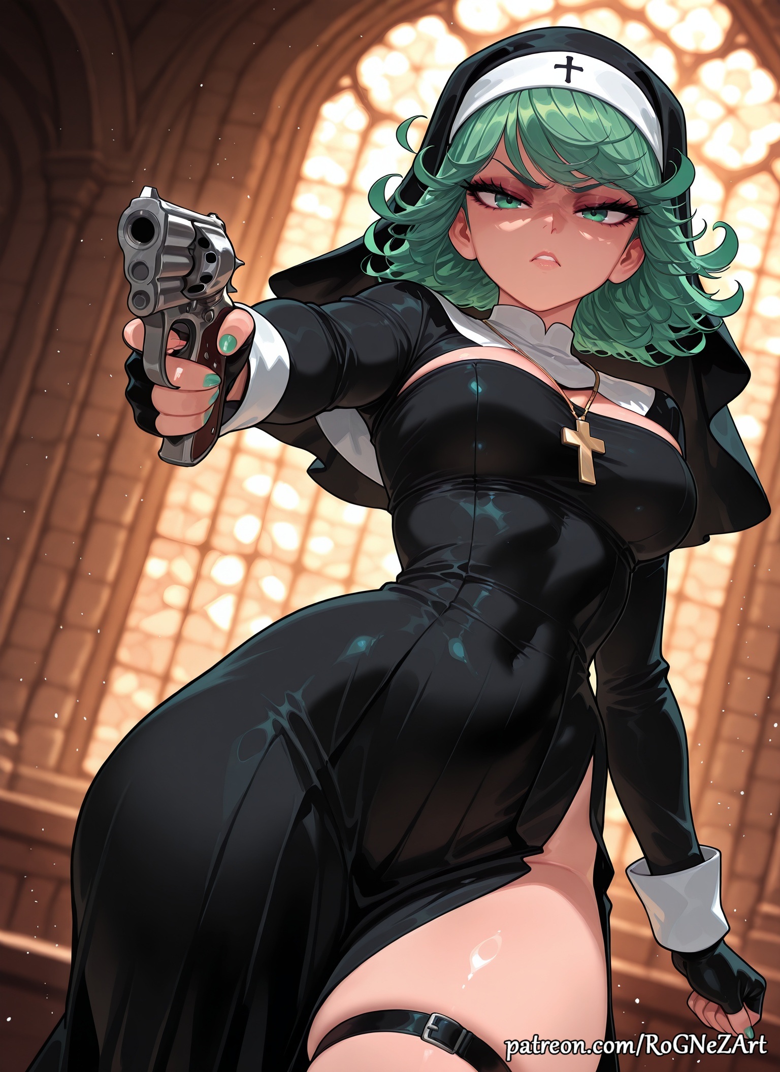 1girl, 2026, ai generated, anime, black dress, boobs, breasts, church, cleavage, covered navel, cross, cross necklace, crossover, curly hair, dress, eye contact, female, female focus, fingerless gloves, gloves, green eyes, green hair, green nails, gun, habit, handgun, handwear, highres, holding, holding gun, holding weapon, indoors, inside, jewelry, looking at viewer, medium breasts, nail polish, necklace, nsfw, nun, one-punch man, patreon, rognezart, short hair, side slit, solo, tatsumaki, thick thighs, thigh strap, thighs, weapon