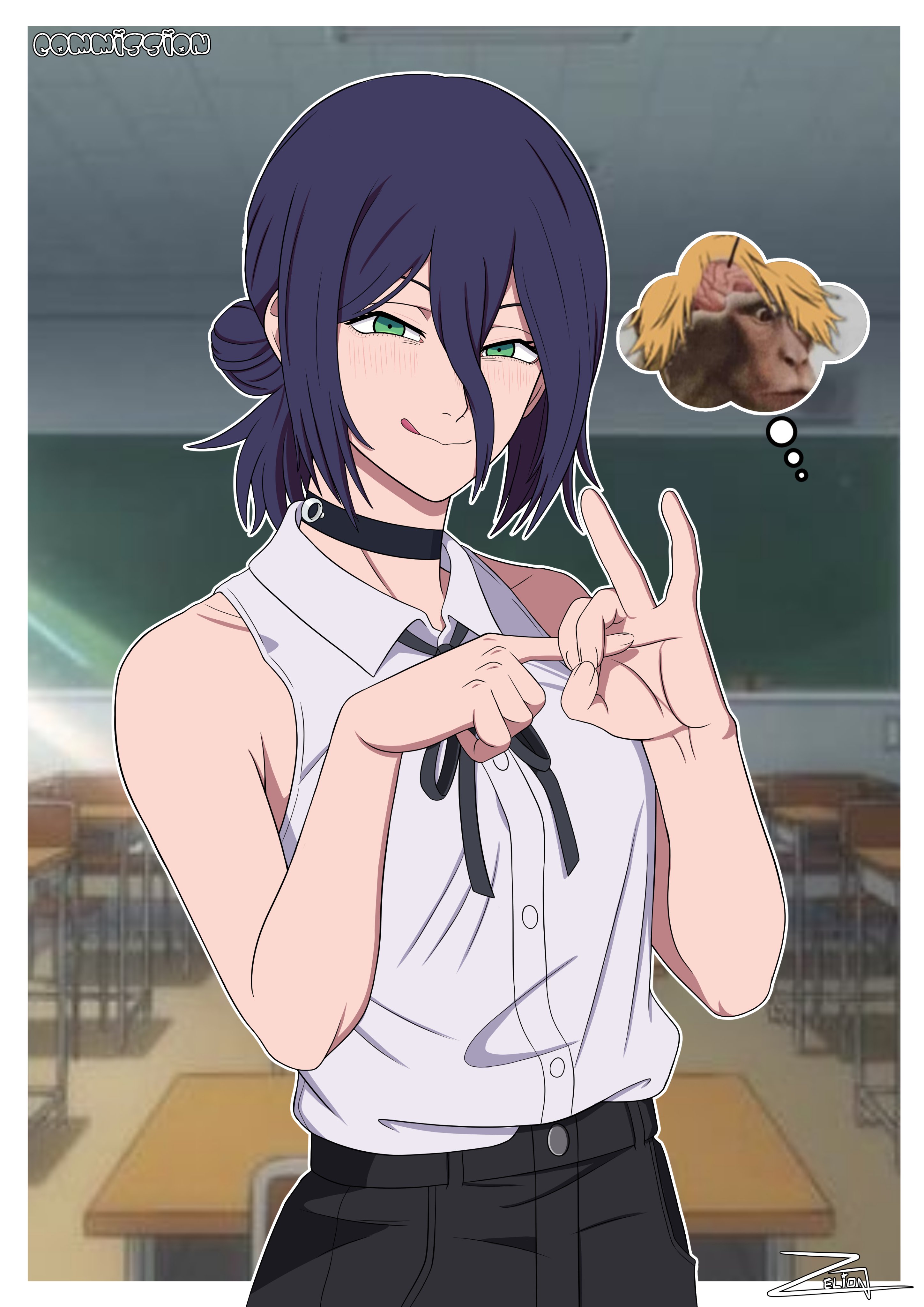 1girl, 1girls, chainsaw man, choker, clothing, denji (chainsaw man), gesture, gesture hand, gesturing at viewer, green eyes, inviting to sex, purple hair, reze (chainsaw man), sex gesture, smile, smiling, smiling at viewer, suggestive gesture, tongue, zelionart