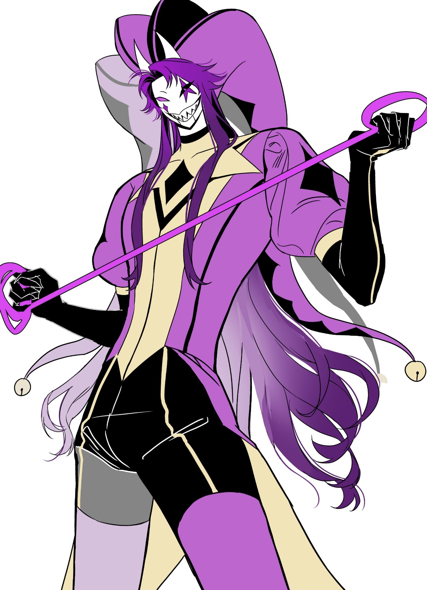 dog collar, dominant male, jester (the freak circus), jester costume, purple hair, solo focus, solo male, the freak circus