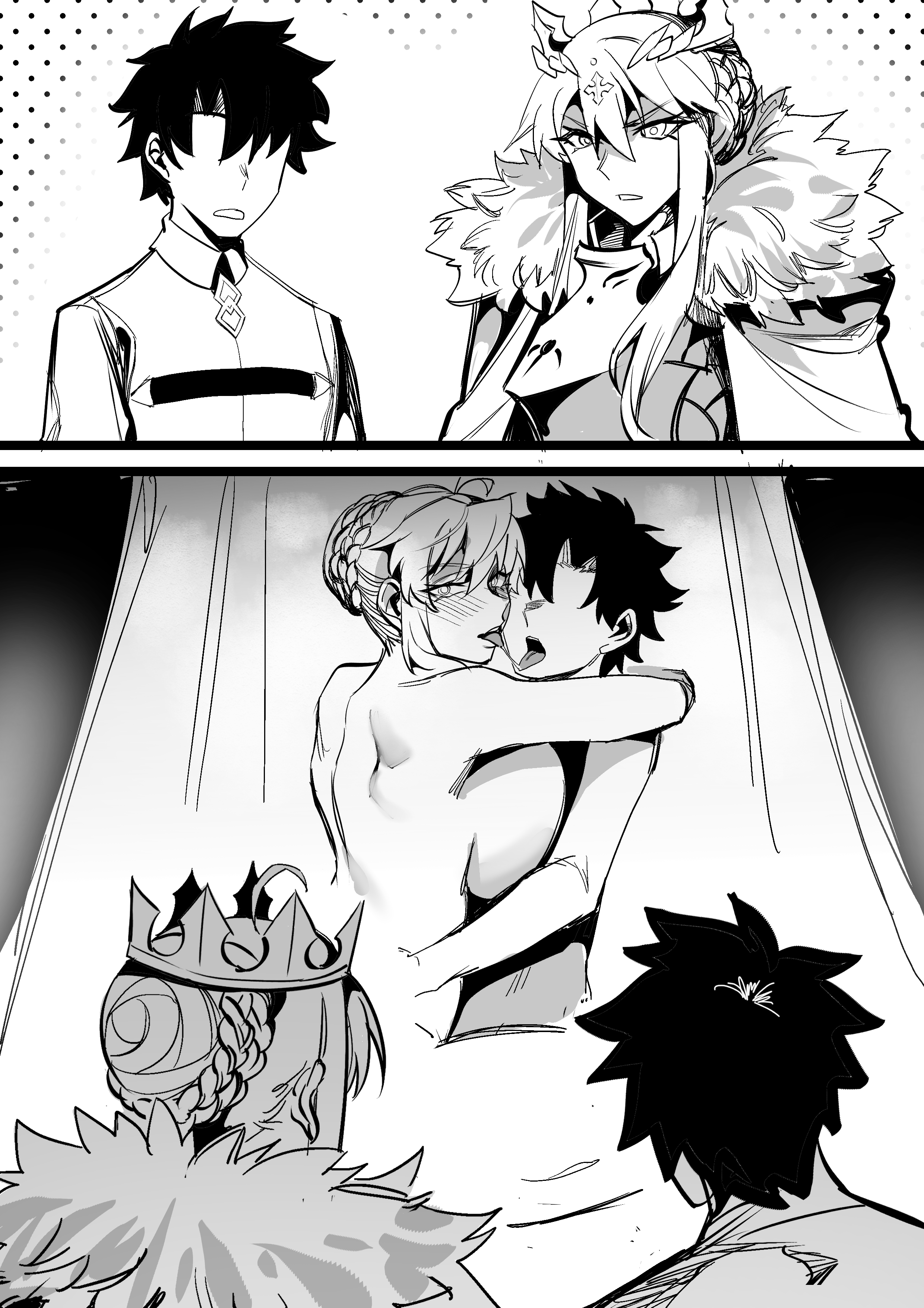 1boy, 1girl, artoria pendragon, artoria pendragon (lancer), blonde hair, fate (series), fate/grand order, french kissing, fujimaru ritsuka (male), large breasts, meme, sex, somehow has time-traveled (meme)