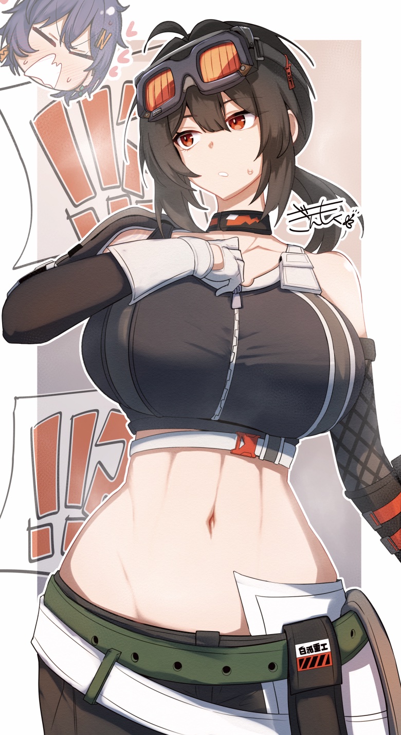 2girls bare_shoulders belle_(zenless_zone_zero) black_hair breasts choker detached_sleeves female female_only female_torso gin_moku goggles goggles_on_head grace_howard huge_breasts large_breasts low_ponytail midriff midriff_baring_shirt navel orange_eyes pale-skinned_female pale_skin ponytail thick_thighs wide_hips zenless_zone_zero