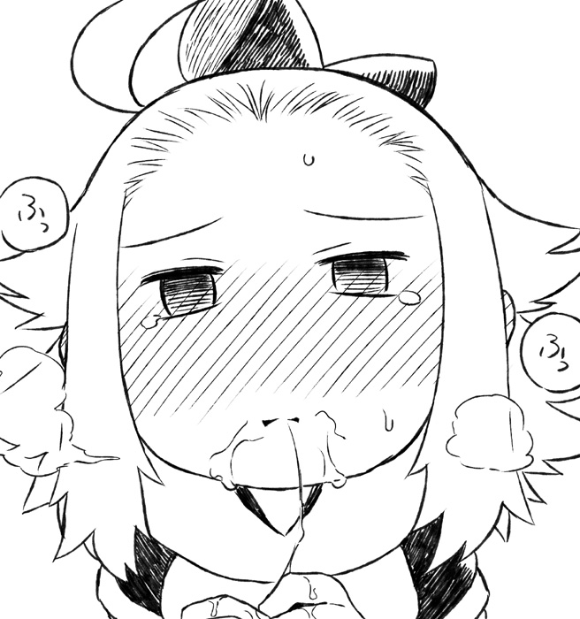 after_fellatio ahoge blush bravely_default:_flying_fairy cum cum_in_mouth edea_lee female full-face_blush half-closed_eyes heavy_breathing long_hair monochrome solo_focus tears text translation_request tsukudani_(coke-buta)