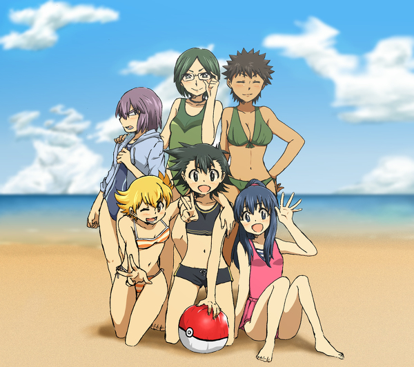 6girls angry artist_request ash_ketchum ashley_(pokemon) barry_(pokemon) beach beach_ball bikini breasts brock_(pokemon) cleavage closed_eyes clouds collarbone conway_(pokemon) dawn_(pokemon) female glasses happy hips human midriff multiple_girls navel nintendo paul_(pokemon) poke_ball pokemon pokemon_dppt rule_63 shinji_(pokemon) shorts sitting smile swimsuit