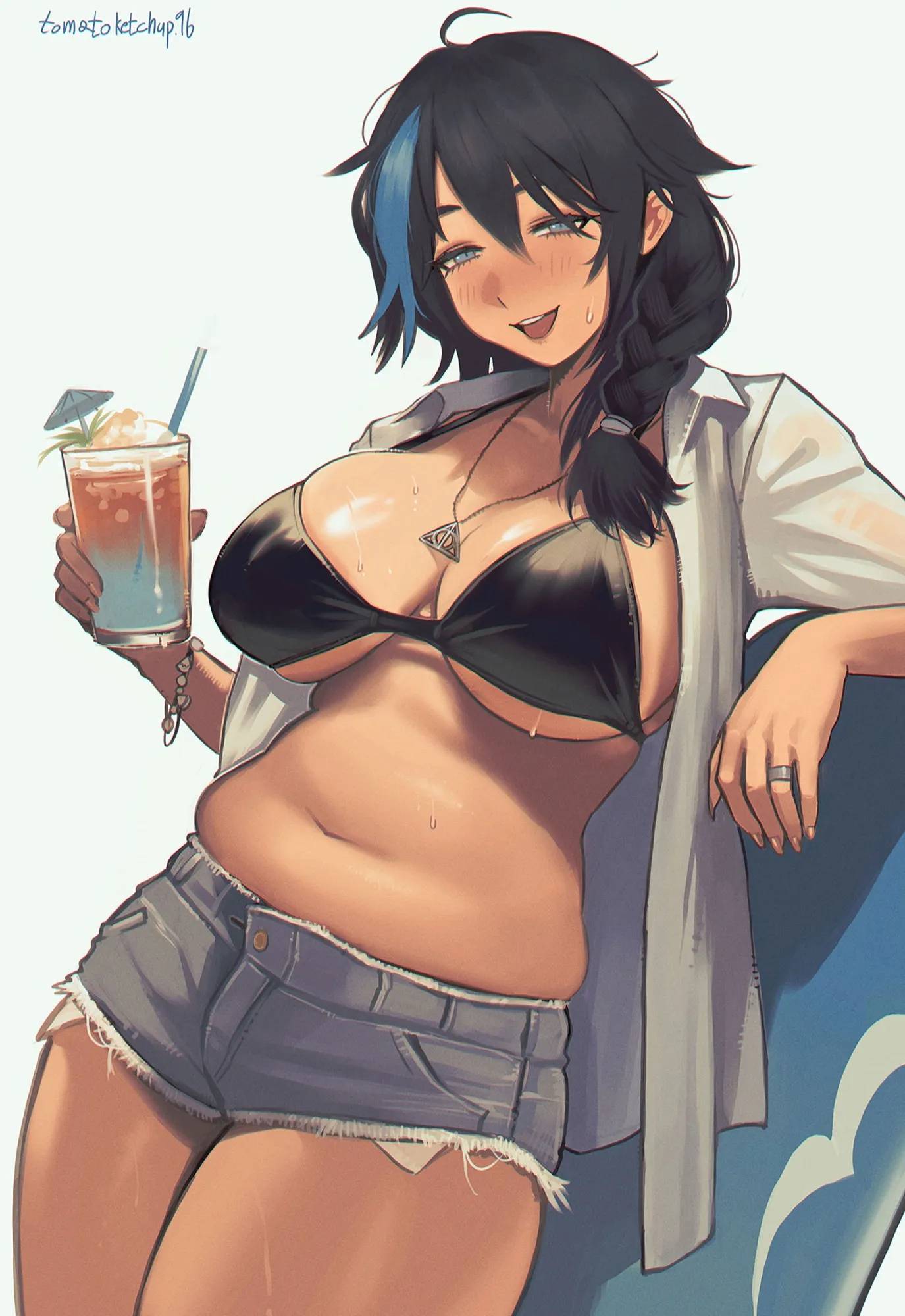 ///, 1girls, 2d, 2d (artwork), 2d artwork, adult, adult female, ahoge, background, bare belly, bare chest, bare hands, bare legs, bare midriff, bare navel, bare skin, bare thighs, belly, belly bulge, belly button, big boobs, big breasts, bikini, bikini top, black bikini, black bikini top, black eyebrows, black hair, black swimsuit, black swimwear, black-haired female, blank background, blue eyes, blue hair, blue shorts, blue-eyed female, blue-haired female, blush face, blush lines, blushing, blushing at viewer, blushing female, blushing lines, body sweat, bracelet, braid, braided hair, braided ponytail, braids, breasts, brown belly, brown body, brown boobs, brown breasts, brown face, brown female, brown legs, brown skin, brown skinned female, brown-skinned female, busty, busty female, busty girl, cleavage, collarbone, commission, commission art, dark hair, digital, digital art, digital drawing, digital drawing (artwork), digital media, digital media (artwork), drawing, drink, engagement ring, exposed, exposed belly, exposed chest, exposed legs, exposed midriff, exposed navel, exposed skin, exposed thighs, eye-level view, female, female focus, female only, fingernails, fingers, flushed, flushed cheeks, flushed face, from front, front view, glistening boobs, glistening breasts, glistening skin, glossy breasts, groin, hair between eyes, half naked, half nude, half-closed eyes, head tilt, jean shorts, large boobs, large breasts, lean figure, legs closed, legs together, long hair, looking at viewer, mature, mature female, mature woman, midriff, monotone background, naked, naked female, naked shirt, naked woman, narrow waist, navel, necklace, nude, nude female, nudity, oc, one color background, open clothes, open clothing, open mouth, open mouth smile, open shirt, open topwear, original, original art, original artwork, original character, original female character, parted lips, partially undressed, plain background, ponytail, portrait, ring, semi nude, shiny breasts, shiny skin, shirt, shorts, shoulders, single braid, skindentation, slender body, slender waist, slim female, slim waist, solid color background, solo, standing, stomach bulge, string bikini, sweat, sweat on body, sweat on breasts, sweat on face, sweat on stomach, sweat on thighs, sweatdrop, sweating, sweaty, sweaty belly, sweaty body, sweaty breasts, sweaty chest, sweaty face, sweaty female, sweaty legs, sweaty skin, sweaty thighs, swimsuit, swimwear, thick thighs, thighs, thighs together, tied hair, tilted head, tomatoketchup96, tongue, top view, unbuttoned, unbuttoned shirt, upper body, upper teeth, white background, white shirt, white topwear, wide hips, woman