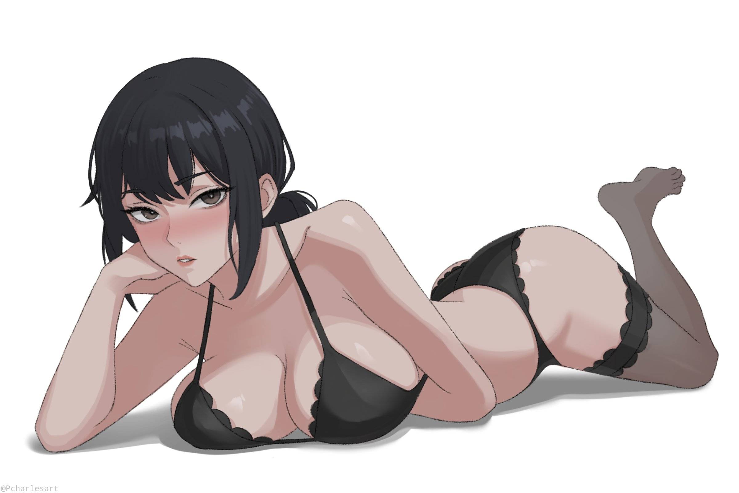 1girls, 2d, 2d (artwork), 2d artwork, against floor, almost naked, almost nude, alternate body type, alternate breast size, alternate breast size (larger), alternative breast size, anime, anime character, arm support, asian, asian female, asian girl, ass, background, bare armpits, bare arms, bare belly, bare chest, bare hands, bare hips, bare shoulders, bare skin, big boobs, big breasts, black bra, black eyebrows, black hair, black legwear, black lingerie, black panties, black stockings, black thigh highs, black thighhighs, black underwear, black-haired female, blank background, blank expression, blank eyes, blank stare, blush face, blushing, blushing at viewer, blushing female, bra, breast press, breasts, breasts against floor, breasts on floor, breasts on ground, breasts press, breasts pressed against floor, brown eyes, brown-eyed female, busty, busty female, busty girl, busty teen, busty teenager, calves, chainsaw man, charlesart, cleavage, collarbone, dark hair, digital, digital art, digital drawing, digital drawing (artwork), digital media, digital media (artwork), drawing, elbows, emotionless, exposed, exposed armpits, exposed arms, exposed belly, exposed chest, exposed hips, exposed shoulders, exposed skin, eye-level view, fanart, feet, female, female focus, female only, femcel, flushed, flushed cheeks, flushed face, frilled bra, frilled legwear, frilled panties, frilled stockings, frilled thigh highs, frilled thighhighs, frilled underwear, from front, front view, full body, full body view, glistening ass, glistening boobs, glistening breasts, glistening butt, glistening hair, glistening shoulders, glistening skin, glossy ass, glossy breasts, glossy butt, glossy hair, groin, head tilt, high school student, hourglass figure, inaccurate proportions, incorrect body type, japanese, japanese female, japanese girl, knees, landscape, large boobs, large breasts, lean figure, legs, legwear, lingerie, lingerie bra, lingerie only, lingerie panties, lip gloss, lips, lipstick, long hair, looking at viewer, lying, lying down, lying on breasts, lying on floor, lying on ground, lying on stomach, manga character, mappa, matching underwear, mitaka asa, monotone background, mostly nude, naked, naked female, naked woman, narrow waist, nearly nude, neutral expression, nude, nude female, nudity, on breasts, on floor, on ground, on stomach, one color background, panties, pink lips, pink lipstick, plain background, posing, posing for the viewer, posing naked, posing nude, practically nude, pressing breasts, resting arm, school girl, schoolgirl, shiny ass, shiny breasts, shiny butt, shiny hair, shiny shoulders, shiny skin, shonen jump, shoulders, shueisha, sidelocks, slender body, slender waist, slim female, slim waist, solid color background, solo, stockings, teen girl, teenage female, teenage girl, teenage tits, teenager, thigh highs, thighhighs, thighs, tilted head, toes, twintails, twintails (hairstyle), underwear, underwear only, weekly shonen jump, white background, white pupils, wide hips, young female, young woman