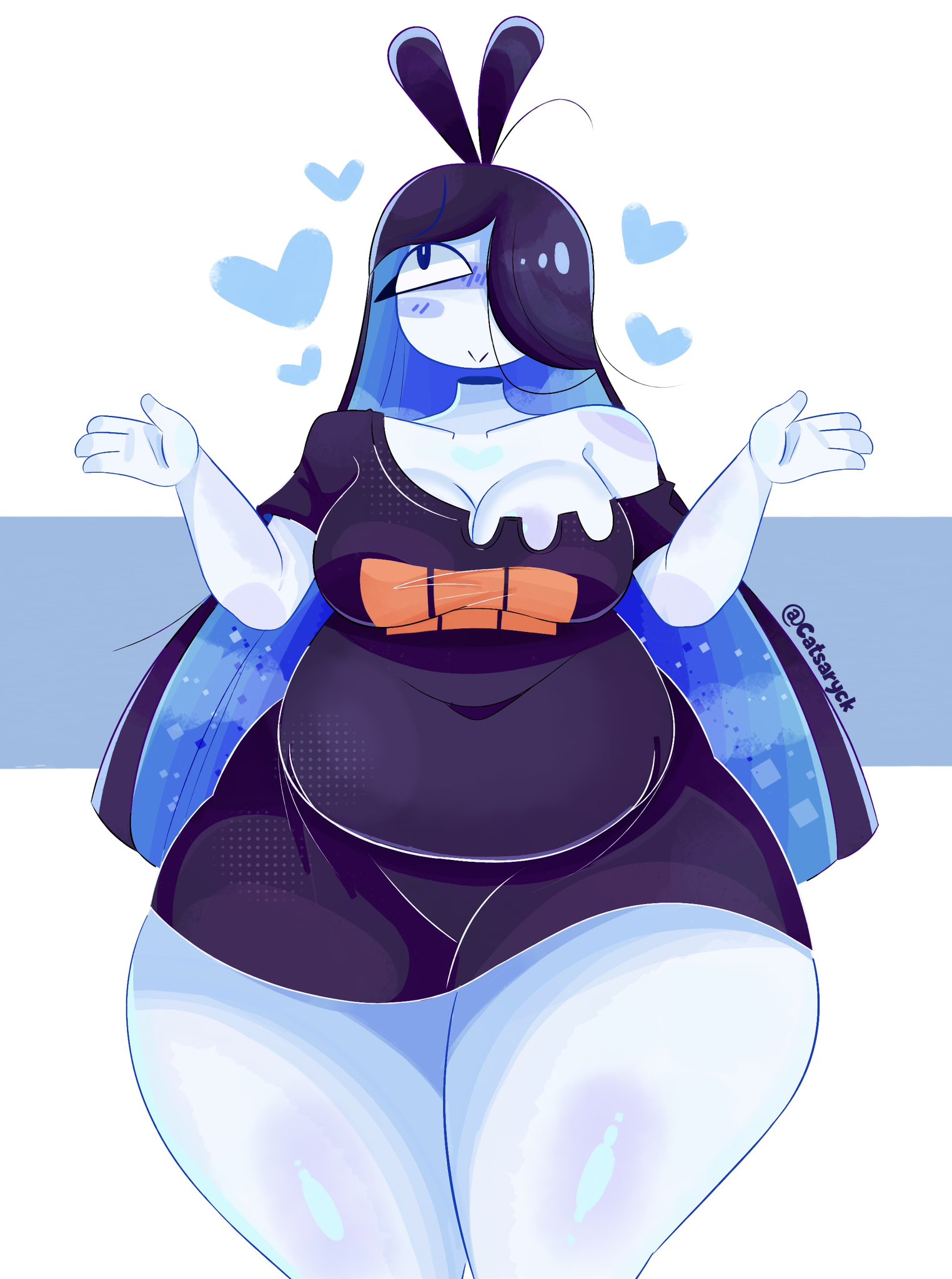 1girls, ahoge, black hair, blue hair, blush, blushing, boobs, breasts, catsaryck, chubby, chubby female, clothing, eyelashes, hair over one eye, heart symbol, long hair, neckline, ramone (roockrt), thick thighs, thighs, white body, white skin