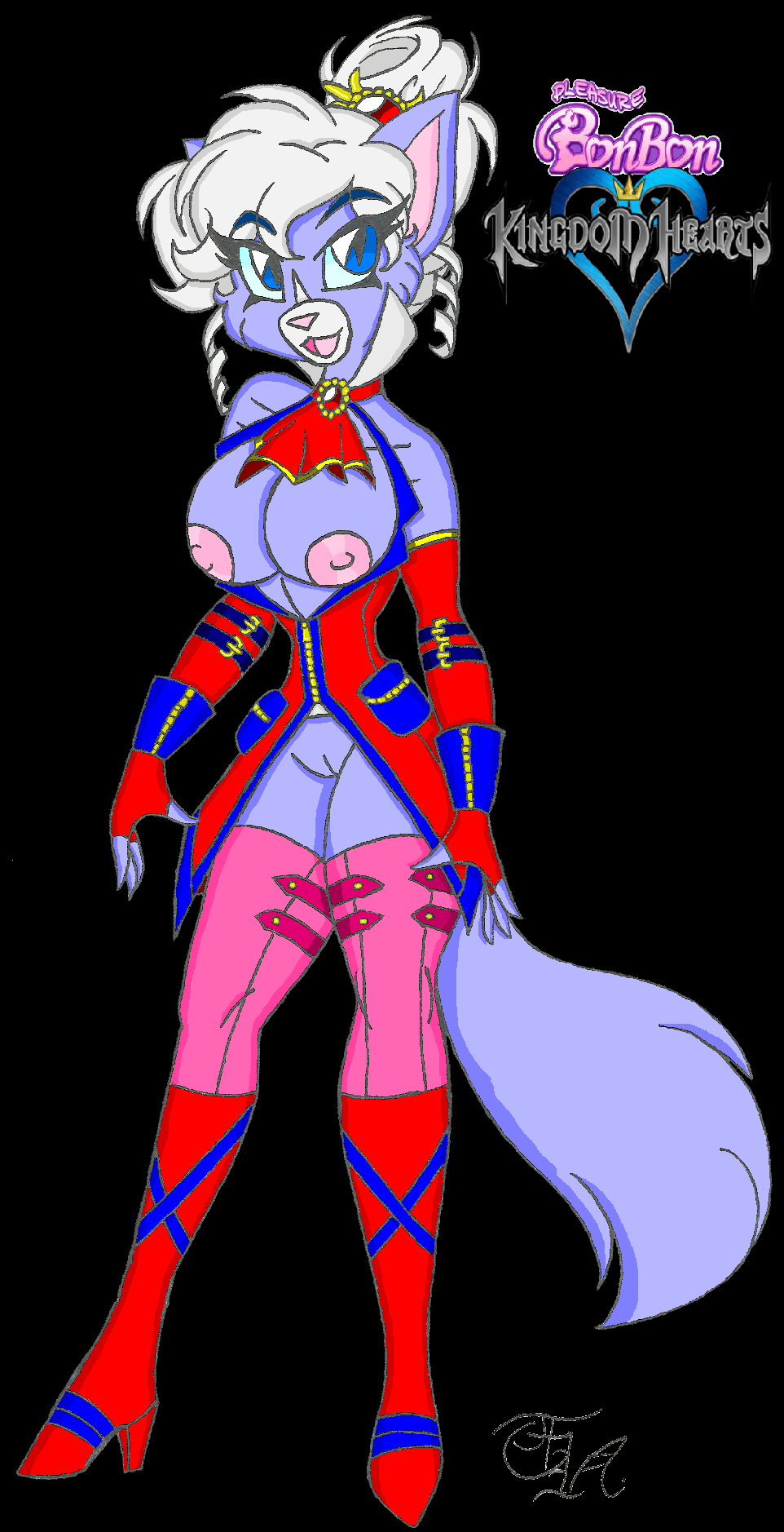 anthro black_background blue_eyes boots breasts cameltoe crossover feline female fur furry jewelry kingdom_hearts leggings legwear mammal mary_blue nipples pixelated pleasure_bon_bon pussy smile solo toddrogue69 zipper