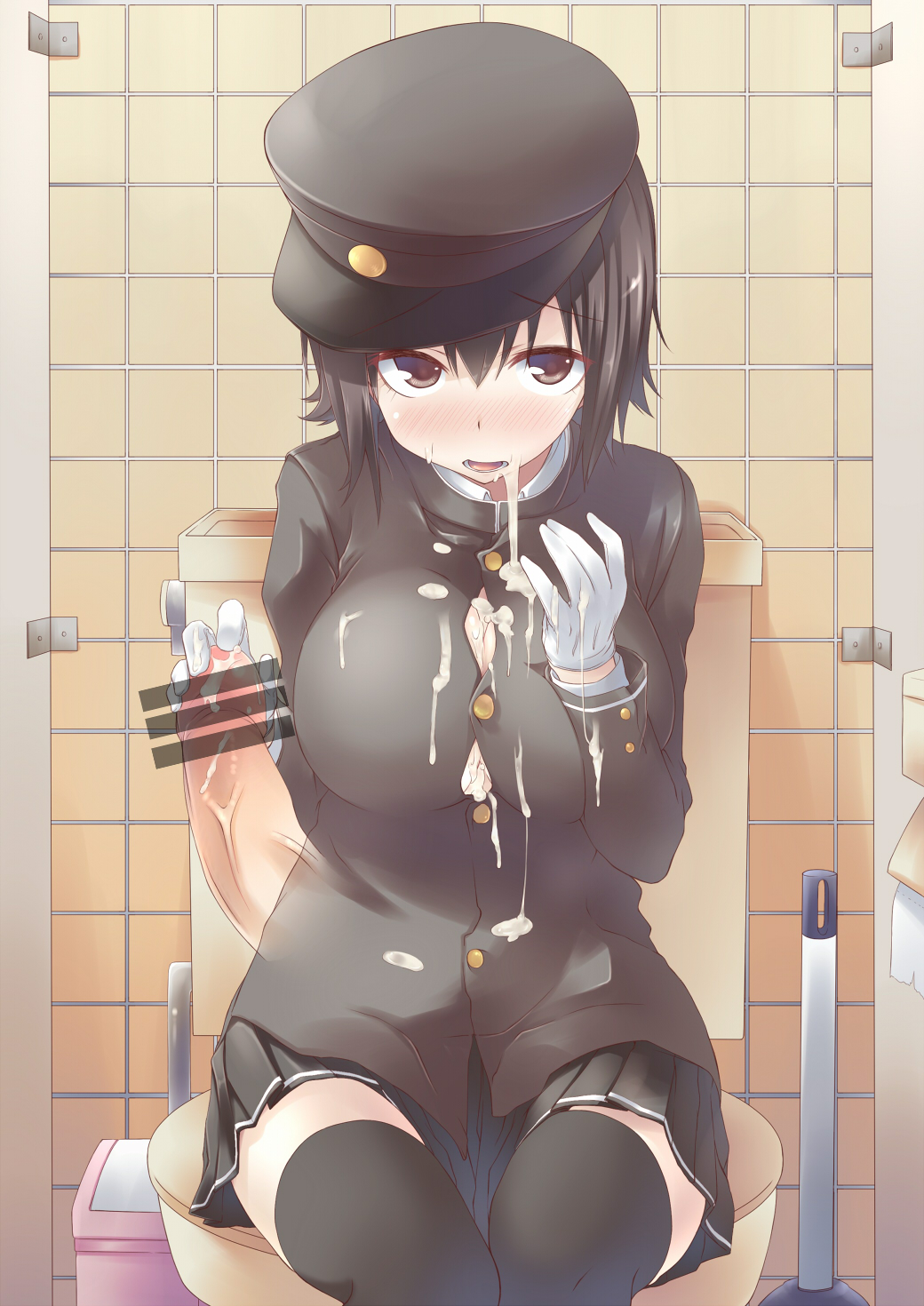 akitsu_maru_(kantai_collection) black_hair brown_eyes censored cum female gloves handjob highres kantai_collection magic_penis naval_uniform penis personification short_hair spirytus_tarou thighhighs toilet