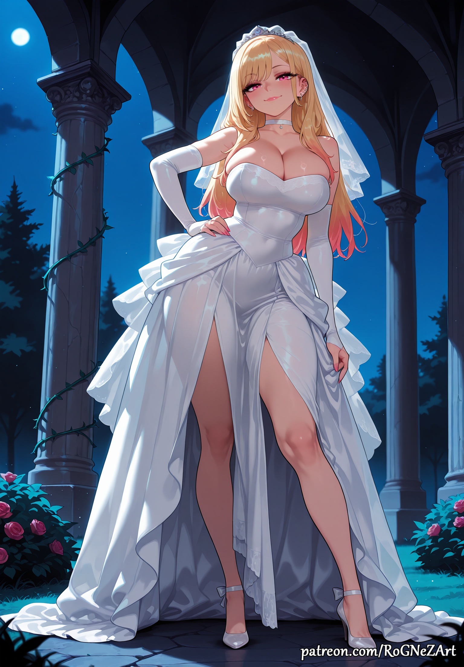 1girl, 2026, ai generated, anime, bangs, bare shoulders, blonde hair, blush, boobs, breasts, bridal veil, choker, cleavage, covered navel, crossover, dress, earrings, eye contact, female, female focus, flushed, full body, hand on hip, high heels, highres, huge breasts, jewelry, kitagawa marin, large breasts, long hair, looking at viewer, marin kitagawa, moon, multicolored hair, my dress up darling, night, night sky, nsfw, patreon, piercing, pillar, red eyes, rognezart, see-through, sky, smile, smiling, solo, sono bisque doll wa koi wo suru, standing, thick thighs, thighs, veil, very long hair, wedding dress, white dress, white footwear