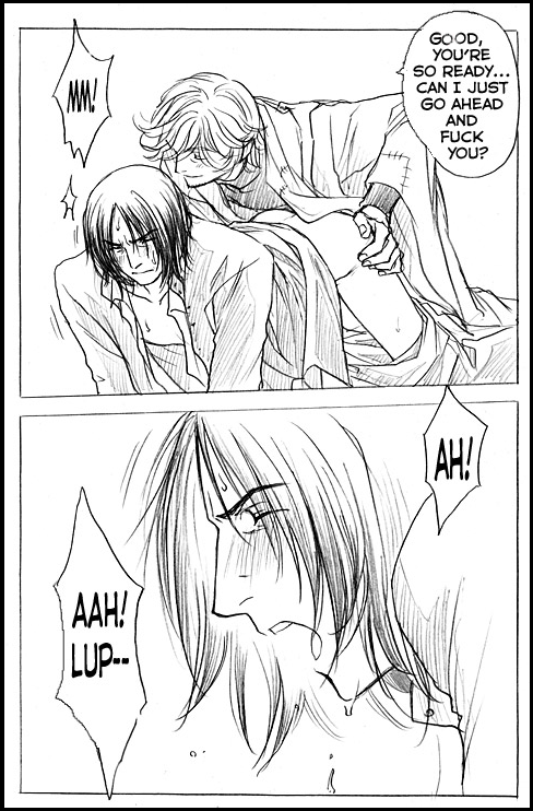 2boys anal anal_penetration anal_sex closed_eyes comic doujinshi drugged gay hand_on_ass harry_potter long_hair magic male monochrome mouth_open multiple_boys open_shirt pants_down penetration remus_lupin severus_snape sex translated yaoi yukipon