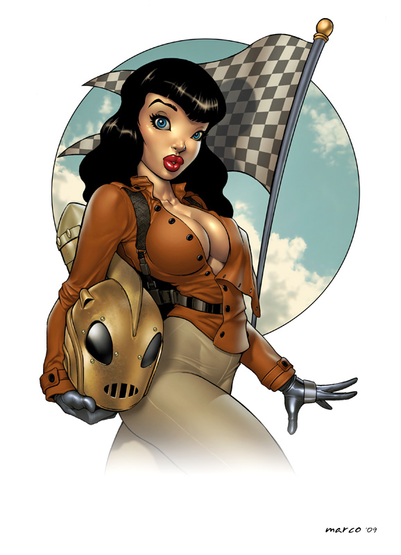 1girls 2009 art bimbo black_hair blue_eyes breasts cleavage dark_hair dominic_marco flyrockets helmet jenny_blake jet_pack jetpack red_lipstick rule_63 the_rocketeer