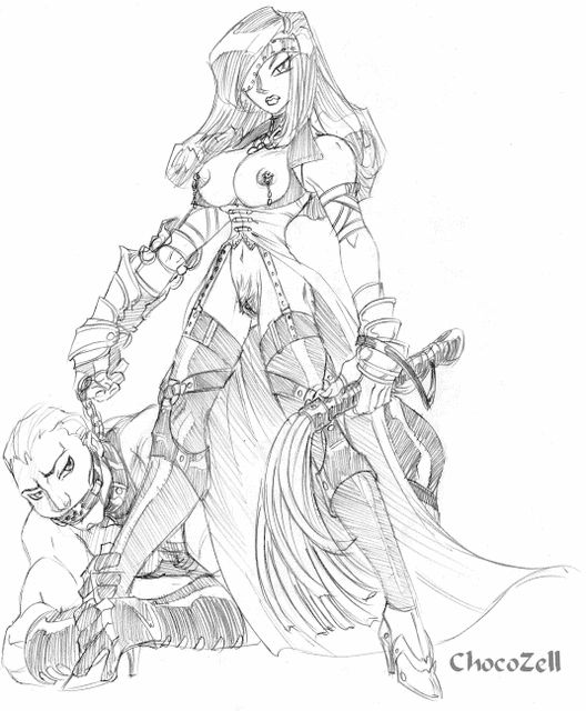 beatrix_(final_fantasy) bondage chocozell female femdom final_fantasy final_fantasy_ix human male monochrome nipples pussy straight_hair thighhighs whip