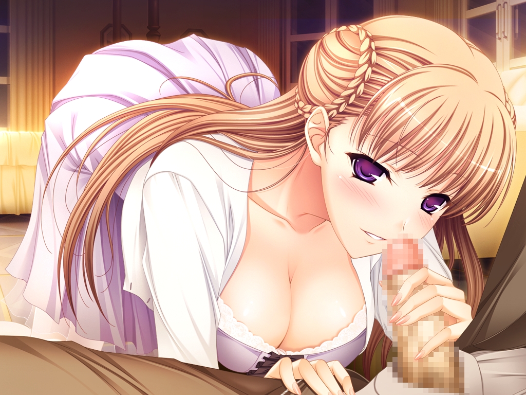 blonde_hair blush breasts censored cleavage female game_cg hair handjob komori_kei large_breasts long_fingernails long_hair looking_at_viewer noel_marres_ascot penis purple_eyes smile walkure_romanze