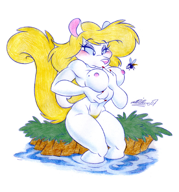 1girls 2007 animaniacs anthro antti_remes blonde_hair blonde_pubic_hair blush breasts color colored_pencil_(artwork) female female_only front_view fur furry furry_only minerva_mink mink nipples nude pubic_hair solo tagme toony traditional_media_(artwork) unshaved_pussy white_fur year