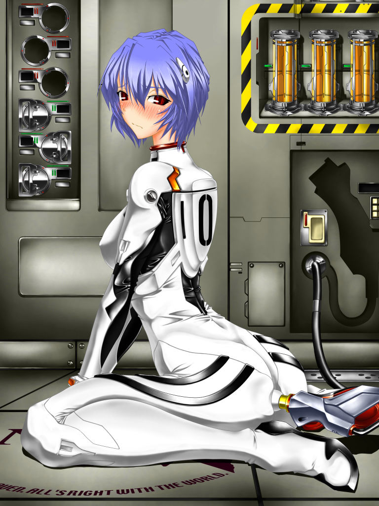 1girls ass blue_hair blush bodysuit breasts clothing female gainax human insertion interface_headset medium_breasts neon_genesis_evangelion nerv pale-skinned_female pale_skin pilot_suit plugsuit rei_ayanami short_hair tagme tetsuwan