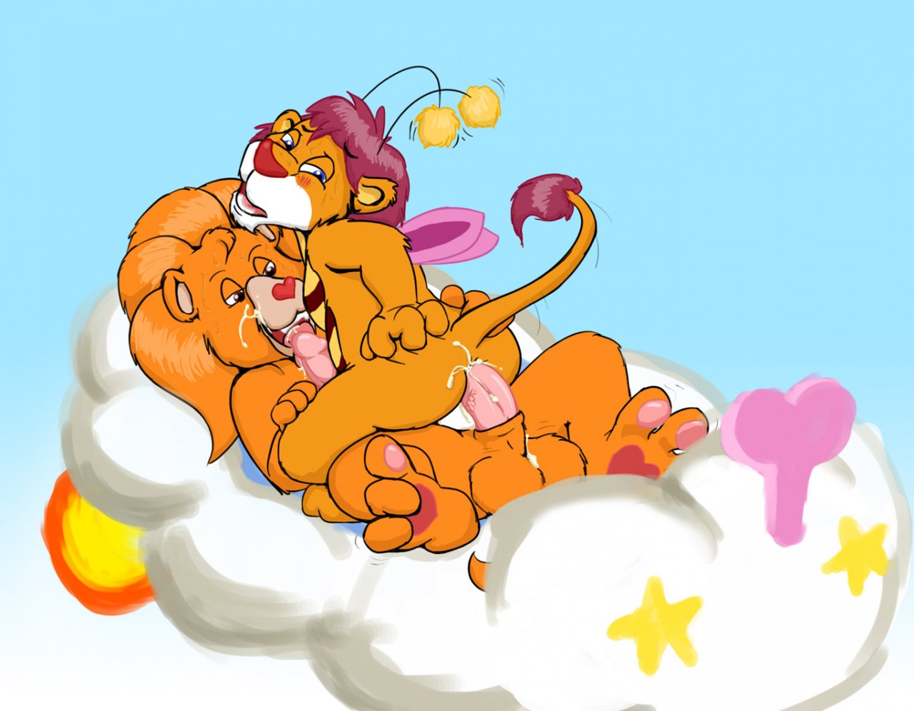 anal anal_sex antennae_(anatomy) anthro brave_heart_lion bumblelion care_bear_cousins care_bears crossover cum feline furry gay glenn hybrid lion mammal outdoors outside sex wings wuzzles yaoi