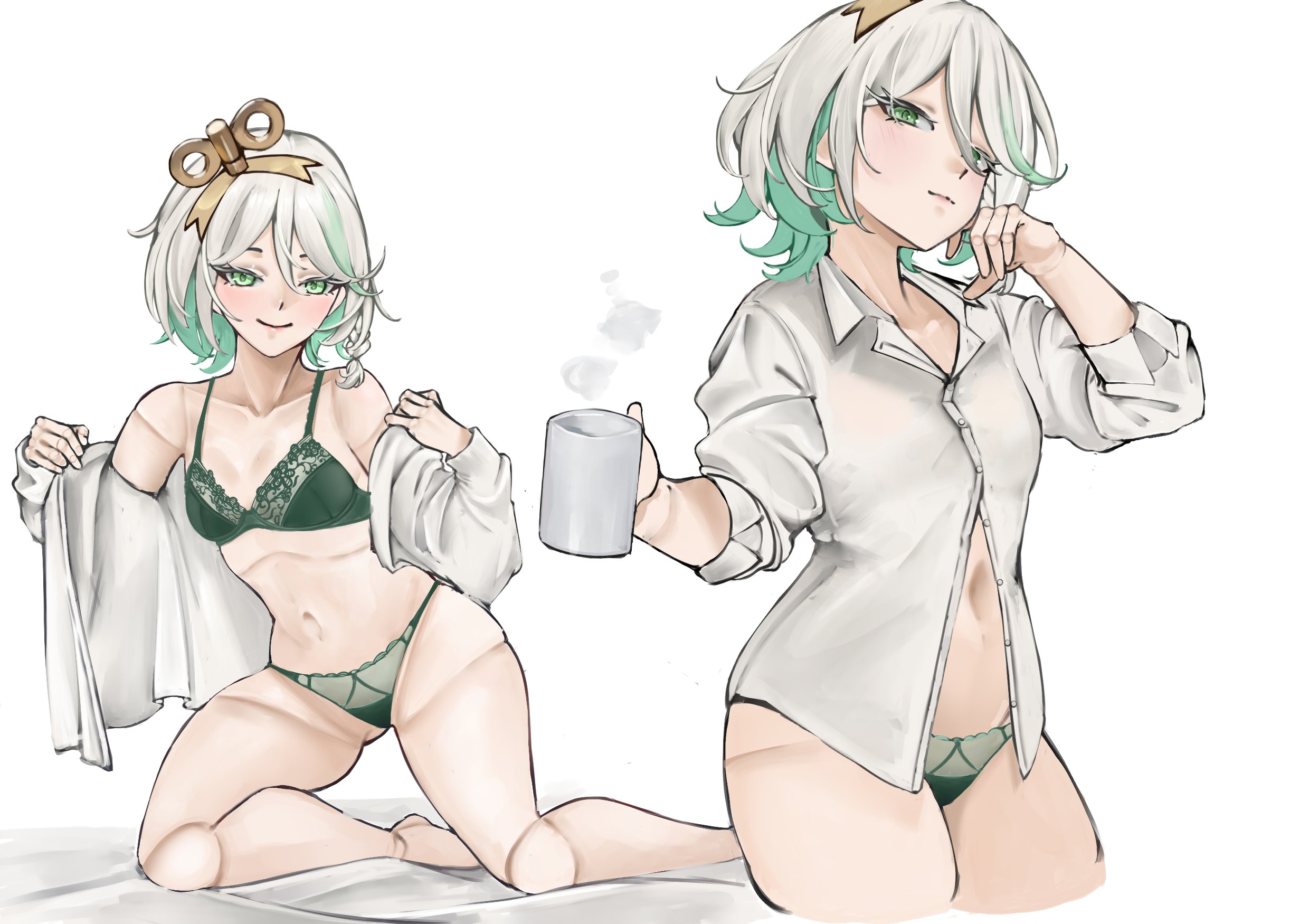 automaton, cecilia immergreen, green eyes, green hair, hololive, hololive english, joints, lingerie, loose clothes, short hair, small breasts, virtual youtuber