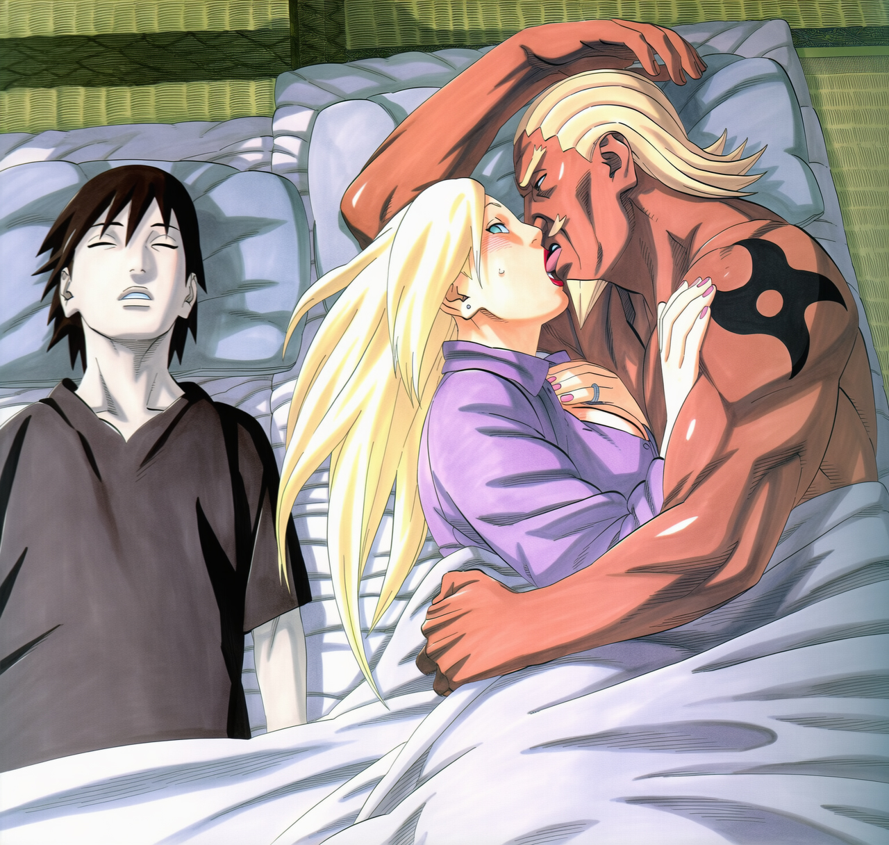 1girls, 2boys, 2d, 2d (artwork), adult and teenager, affair, ai generated, big ass, big breasts, boruto: naruto next generations, breasts, cuckold, cuddling, curvy, dark skin, dark-skinned male, female, husband and wife, implied cheating, implied sex, ino yamanaka, interracial, kissing, light skin, light-skinned female, listening to sex, male, male focus, manga style, married couple, married female, married male, masashi kishimoto style, moaning, multiple boys, multiple males, muscular, muscular male, naruto, naruto (series), naruto shippuden, naruto: the last, netorare, ntr, older male, pajamas, raikage, sai, sex, sex next to sleeping husband, sex next to sleeping person, shirt, sleeping, solo focus, stealth, stealth sex, thick thighs, wedding ring, wild sex, younger female