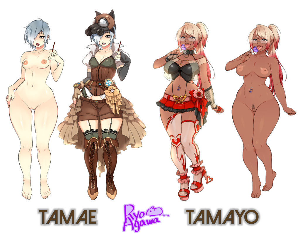 2girls amemiya_tamae amemiya_tamayo areolae bare_shoulders blonde_hair breasts brown_eyes comparison dark-skinned_female dark_skin detached_sleeves female female_only garter_straps glasses gradient_hair gyaru high_heels lips lollipop long_hair mask medium_breasts miniskirt multicolored_hair multiple_girls multiple_persona nipples nude pants piercing pubic_hair pussy red_hair ryo_agawa shoes short_hair silver_hair simple_background skirt standing tank_top thighhighs tongue white_background wide_hips