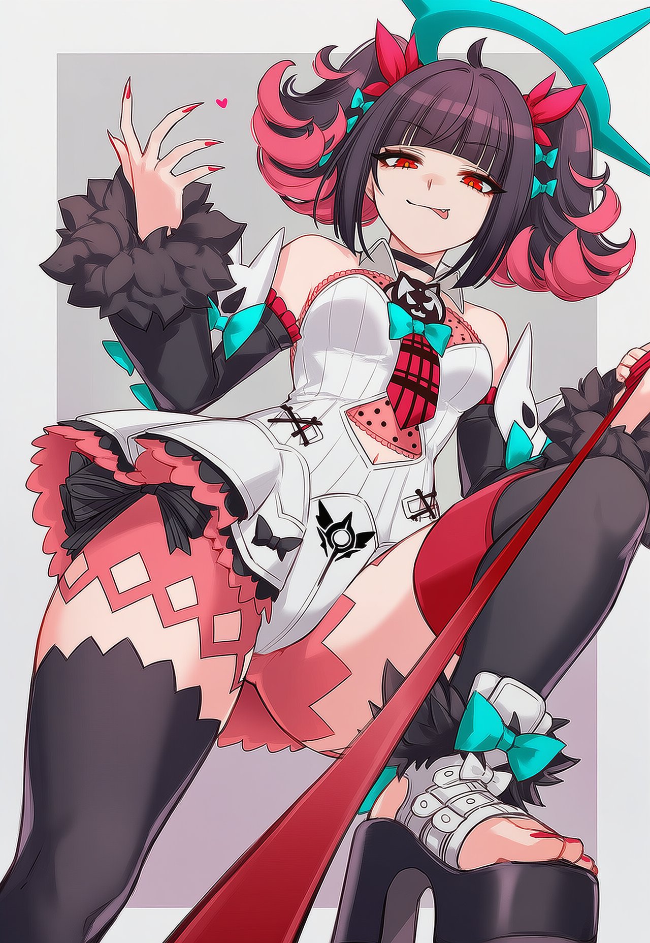 angels of delusion, bow, bows, clothed, female, female focus, female only, halo, hand on hip, leash, leash pull, looking at viewer, looking down, mouth open, multicolored hair, nangong yu (zenless zone zero), painted fingernails, painted nails, red leash, red nail polish, sfw, tongue out, zenless zone zero