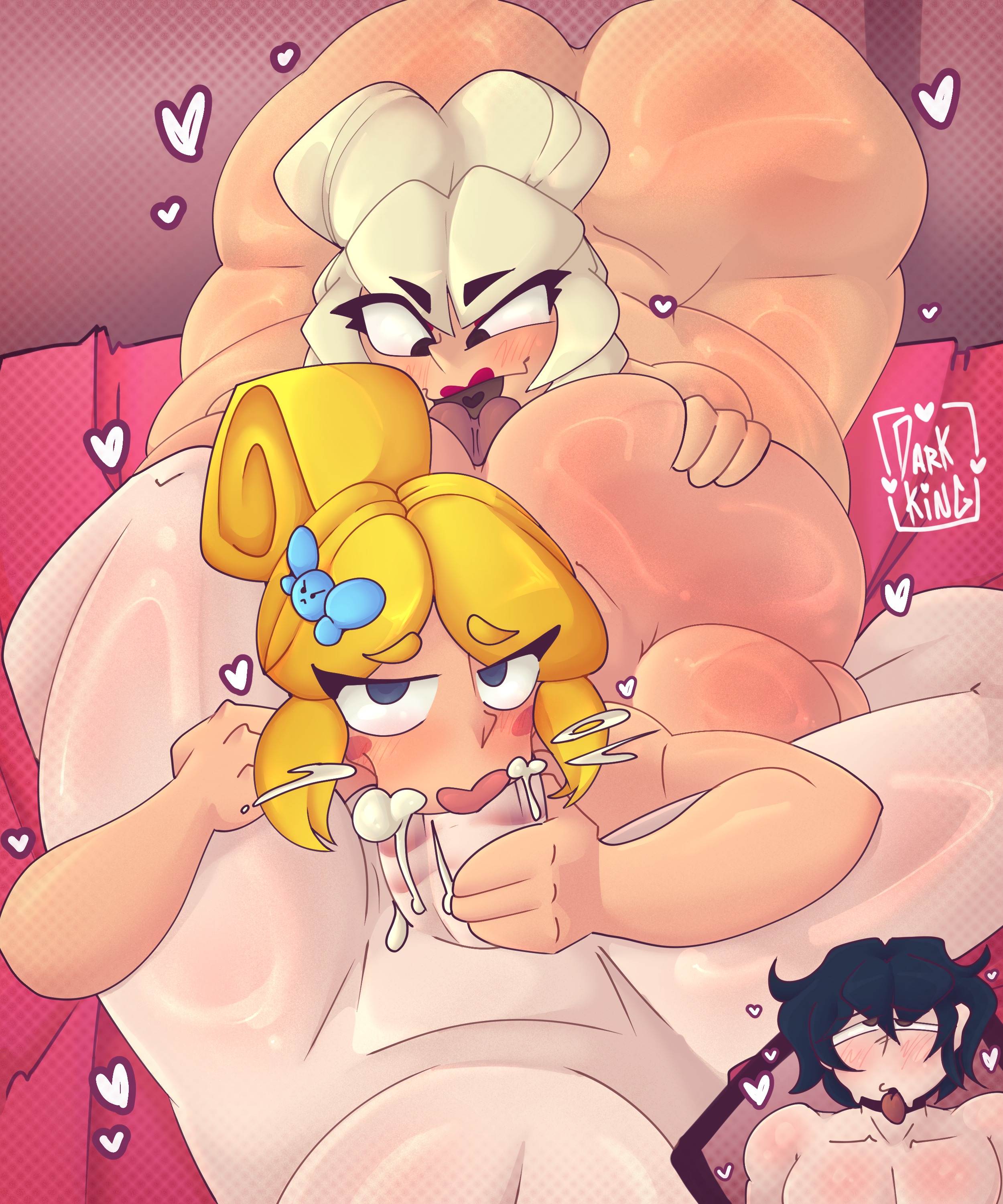 1boy, 2girls, ahe gao, ahegao, ahegao face, ass, ass bigger than head, ass focus, ass up, asshole, bed, bedroom, big ass, big breasts, big butt, big penis, black eyes, blowjob, bodily fluids, bodily fluids in mouth, brawl stars, breast grab, breast squeeze, breasts, breasts bigger than head, breasts out, brush, brushing, charlie (brawl stars), cock, comission, cum, cum in ass, cum in mouth, cum on body, cum on breasts, darkking, heart, heart symbol, kiss, kiss on lips, kissing, kissing ass, kissing balls, kissing penis, lips, lipstick, lipstick on penis, male pov, mommy, oc, original character, pink nipples, piper (brawl stars), point of view, pov, pov ass, pov blowjob, pov hands, pov male, sel, spider, spider girl, supercell, tongue, video game character, video games, white hair, yellow hair