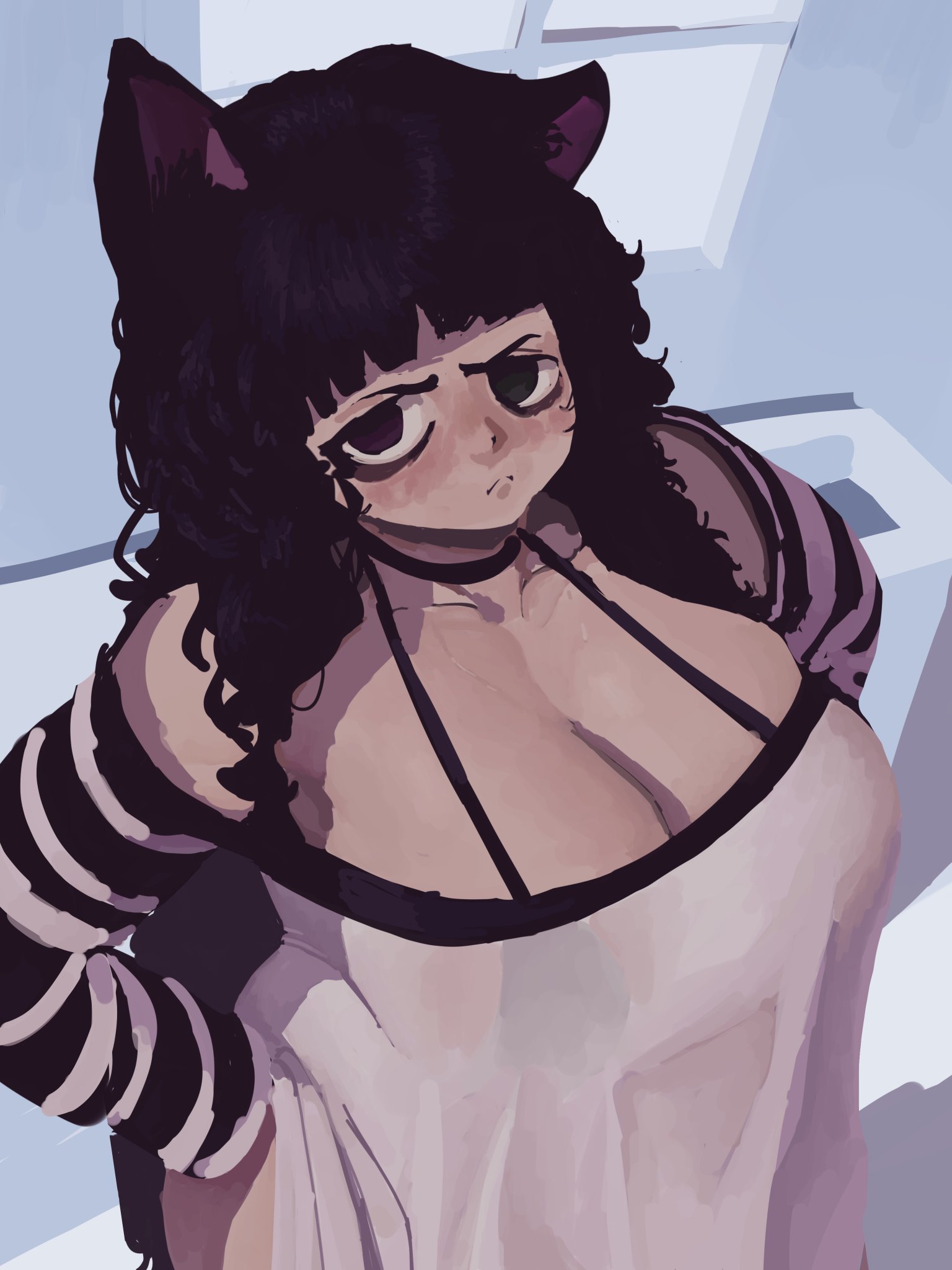 angry face, arm warmers, artstyle imitation, bbw, black hair, blue and green eyes, casato, cat ears, catgirl, cleavage, fat butt, hands on hips, heterochromia, oversized shirt