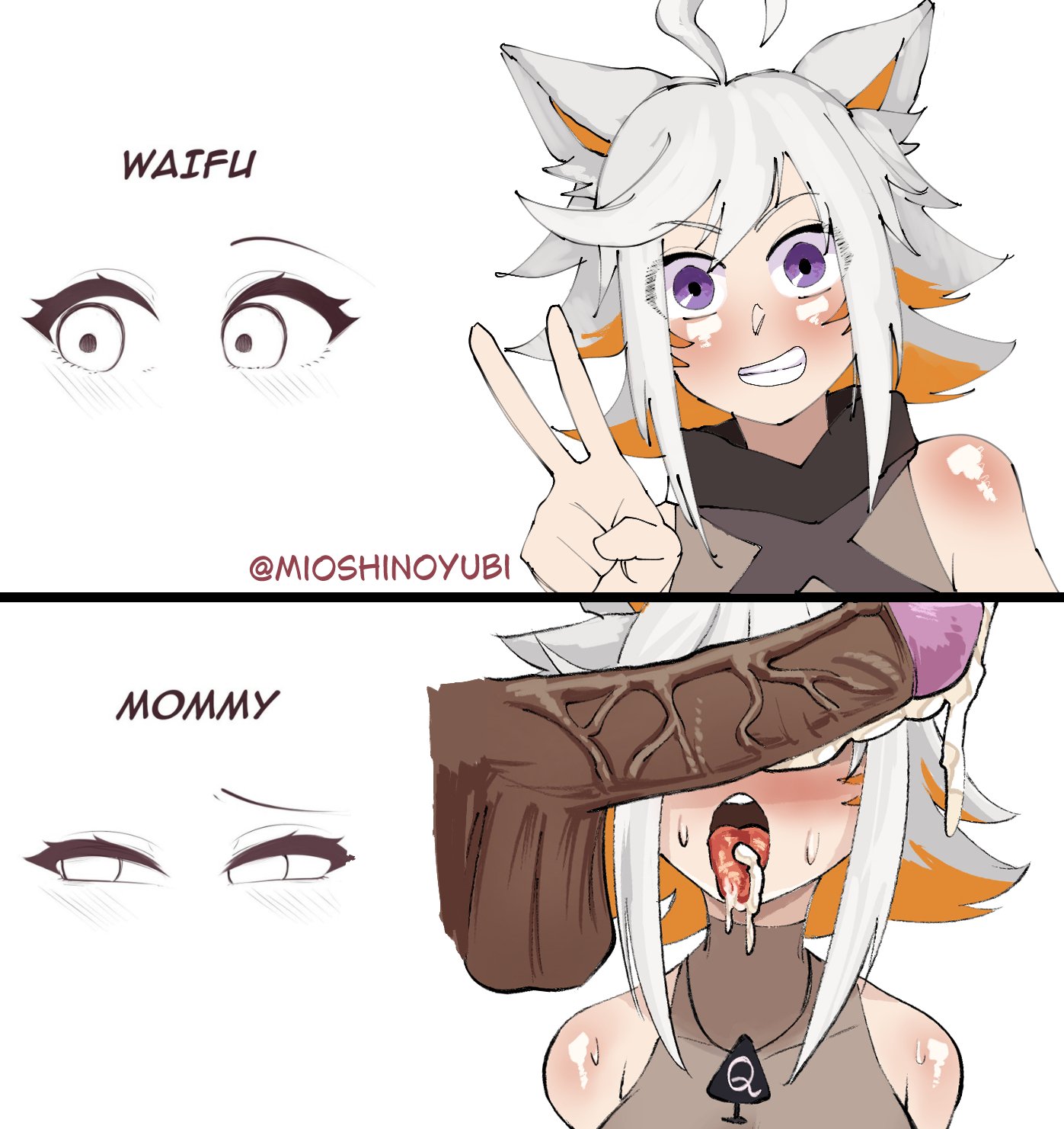 1boy, 1girls, breasts, clothed, clothed female, clothing, color, covering face, cum, dark skin, dark-skinned male, demenishki, dominant male, english text, female, female focus, femsub, hetero, human, indie virtual youtuber, light skin, looking at viewer, male, maledom, meme, mioshinoyubi, multicolored hair, open eyes, open mouth, orange hair, peace sign, penis, penis covering eyes, purple eyes, queen of spades, simple background, smile, straight, submissive female, text, tongue, tongue out, trend, twitter link, virtual youtuber, vtuber, white background, white hair