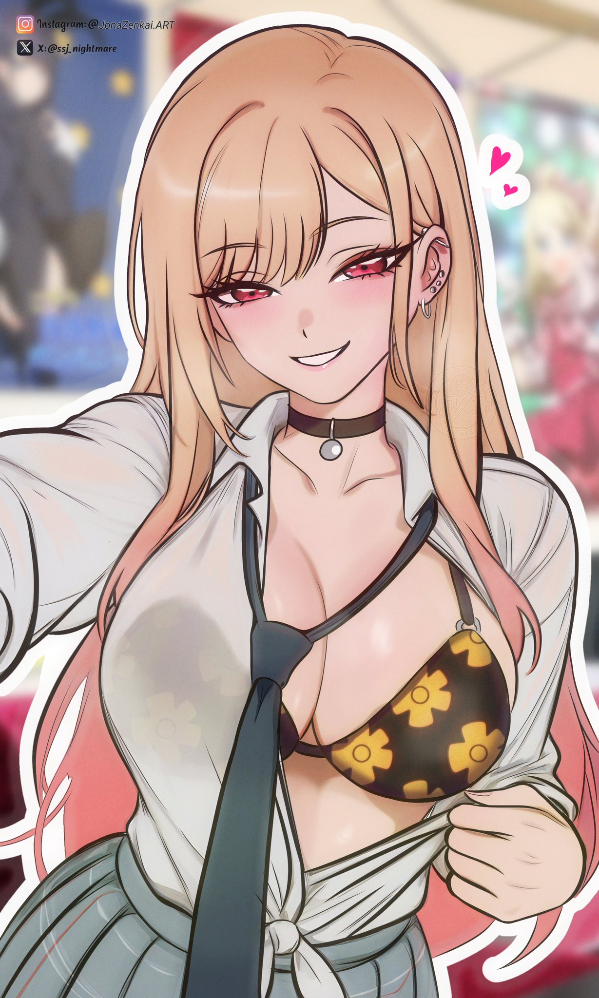 1girl, 1girls, background, bra, breasts, clothing, digital drawing (artwork), gokthan, gokthan (artist), imminent sex, kitagawa marin, my dress up darling, naughty face, open shirt, seductive, smiling at viewer, solo female, swimsuit, teasing viewer, tie, undressing