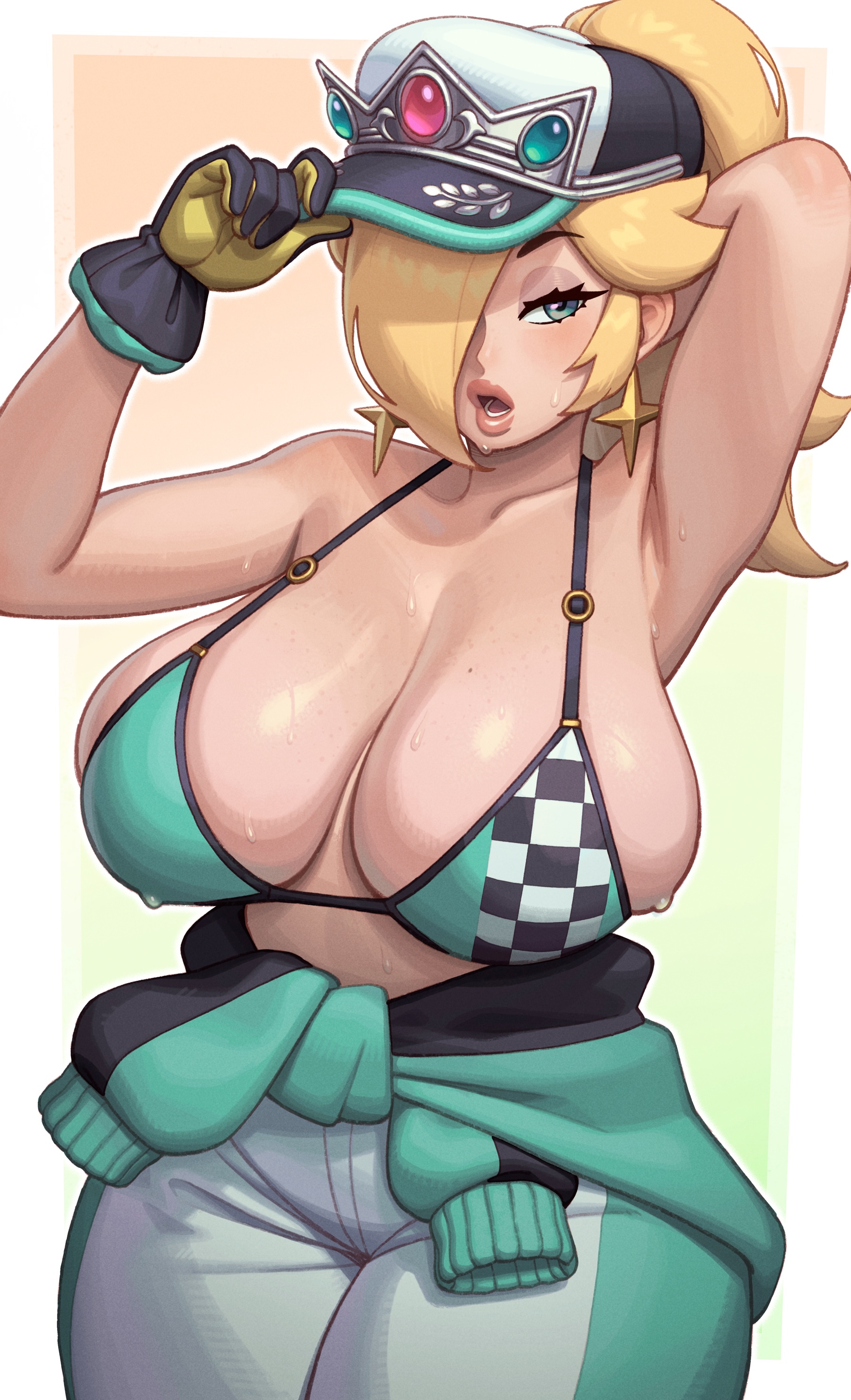 1girl, 1girls, absurdres, alternate breast size (larger), arm behind head, arm up, armpit crease, armpits, bare shoulders, big breasts, bikini, bikini top, bimbo, blonde hair, blue eyes, blush, breasts, busty, clothed, clothed female, clothes around waist, clothing, commentary, curvaceous, curvy, earrings, english commentary, female, front view, gloves, gradient background, hair, hair over one eye, hand behind head, handwear, hat, headwear, hi res, highres, huge breasts, human, jacket, jacket around waist, jacket removed, jewelry, large breasts, legs together, light skin, light-skinned female, long hair, looking away, mario (series), mario kart, mario kart world, mole, mole on breast, nintendo, official alternate costume, one arm up, open mouth, pants, plump, ponytail, princess rosalina, princess rosalina (pro racer), raised arm, riz, rizdraws, rosalina, rosalina (pro racer), sagging breasts, sideboob, simple background, skindentation, solo, standing, star (symbol), star earrings, stomach, super mario galaxy, sweat, sweatdrop, sweater, sweater around waist, sweating, sweaty, sweaty armpits, sweaty body, sweaty breasts, teeth, thick thighs, thighs, tongue, voluptuous, voluptuous female, wide hips