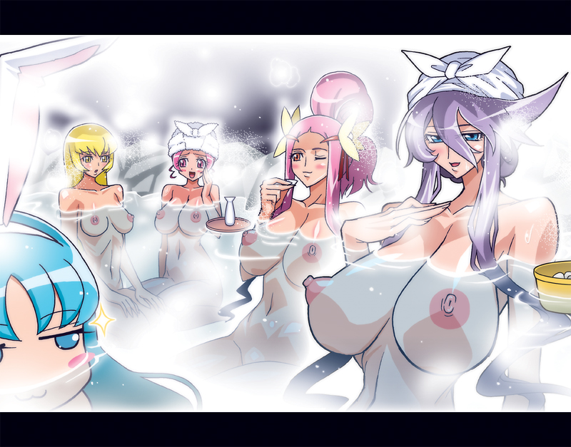 5girls breasts huge_breasts large_breasts medium_breasts multiple_girls nude precure pretty_cure raisuta small_breasts tagme towel water