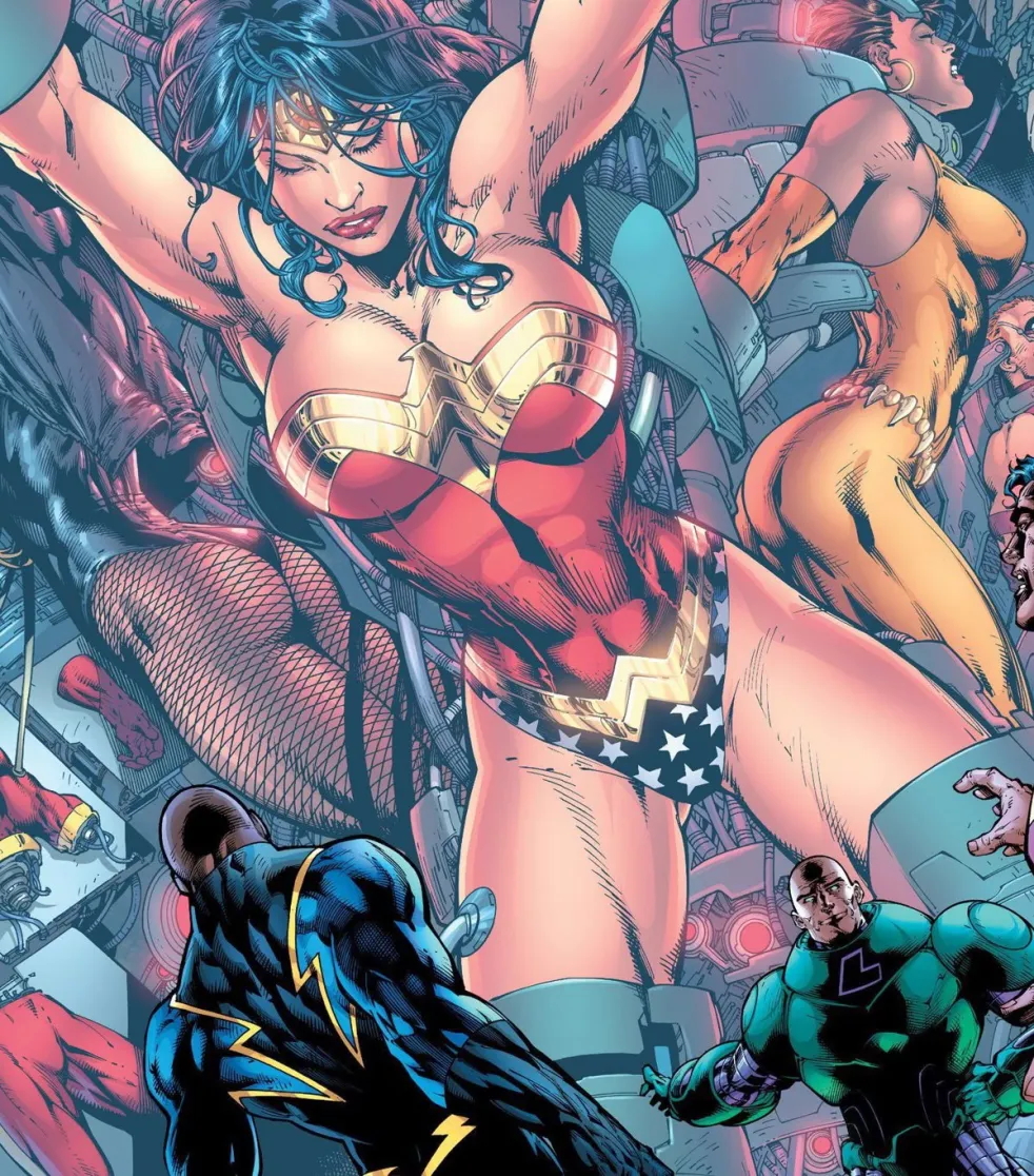 black canary, black lightning, canonical scene, dc comics, diana of themyscira, diana prince, ed benes studio, justice league, lex luthor, official art, superman (series), vixen (dc), wonder woman, wonder woman (series)