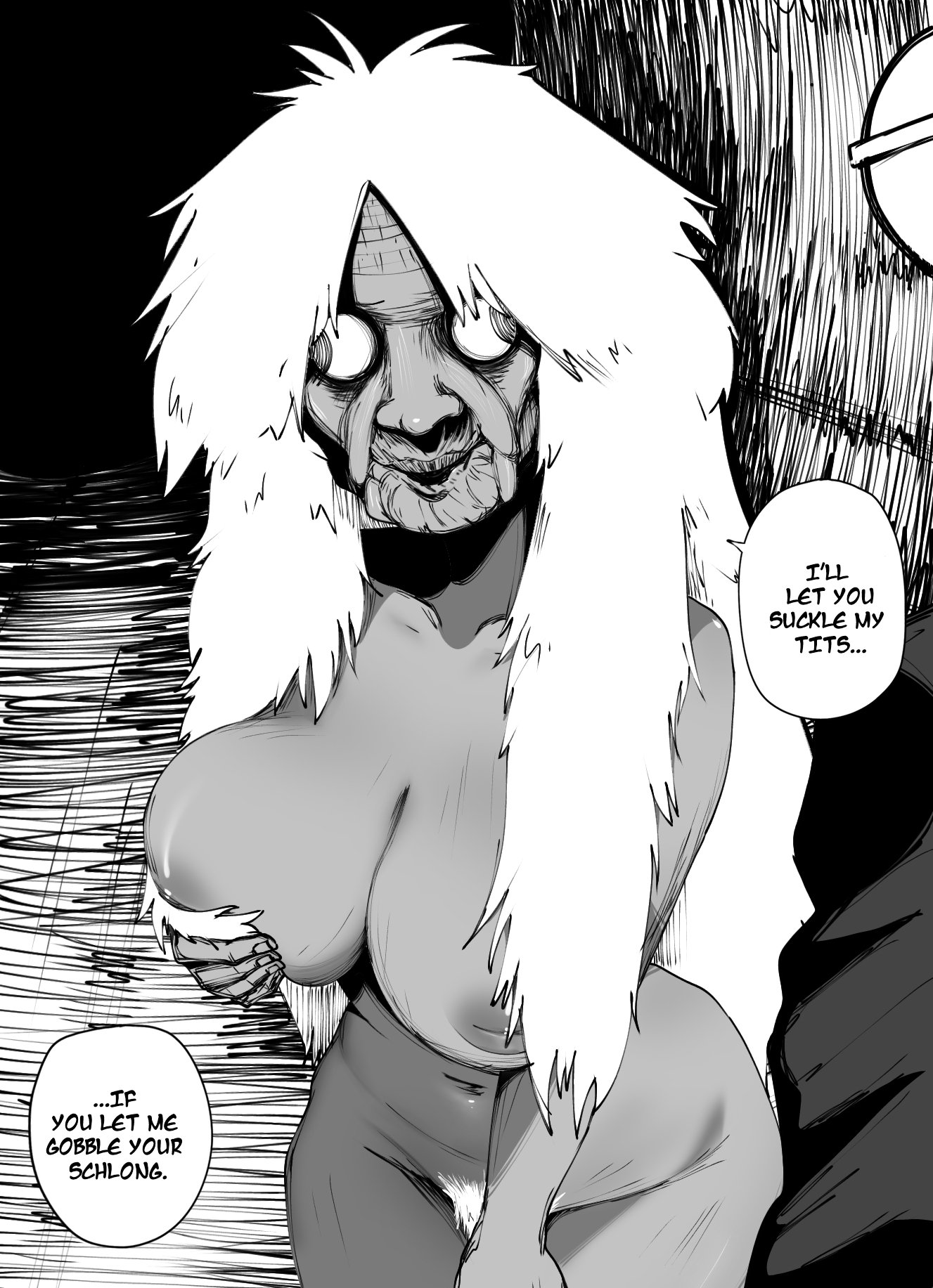 1girls, breasts, canonical scene, dandadan, dialogue, english text, female, female focus, female only, inverted nipples, monochrome, naked, naked female, nipples, open eyes, open mouth, outdoors, pussy, rimichhi, scene reference, standing, text, thighs, turbo granny (dandadan), twitter link