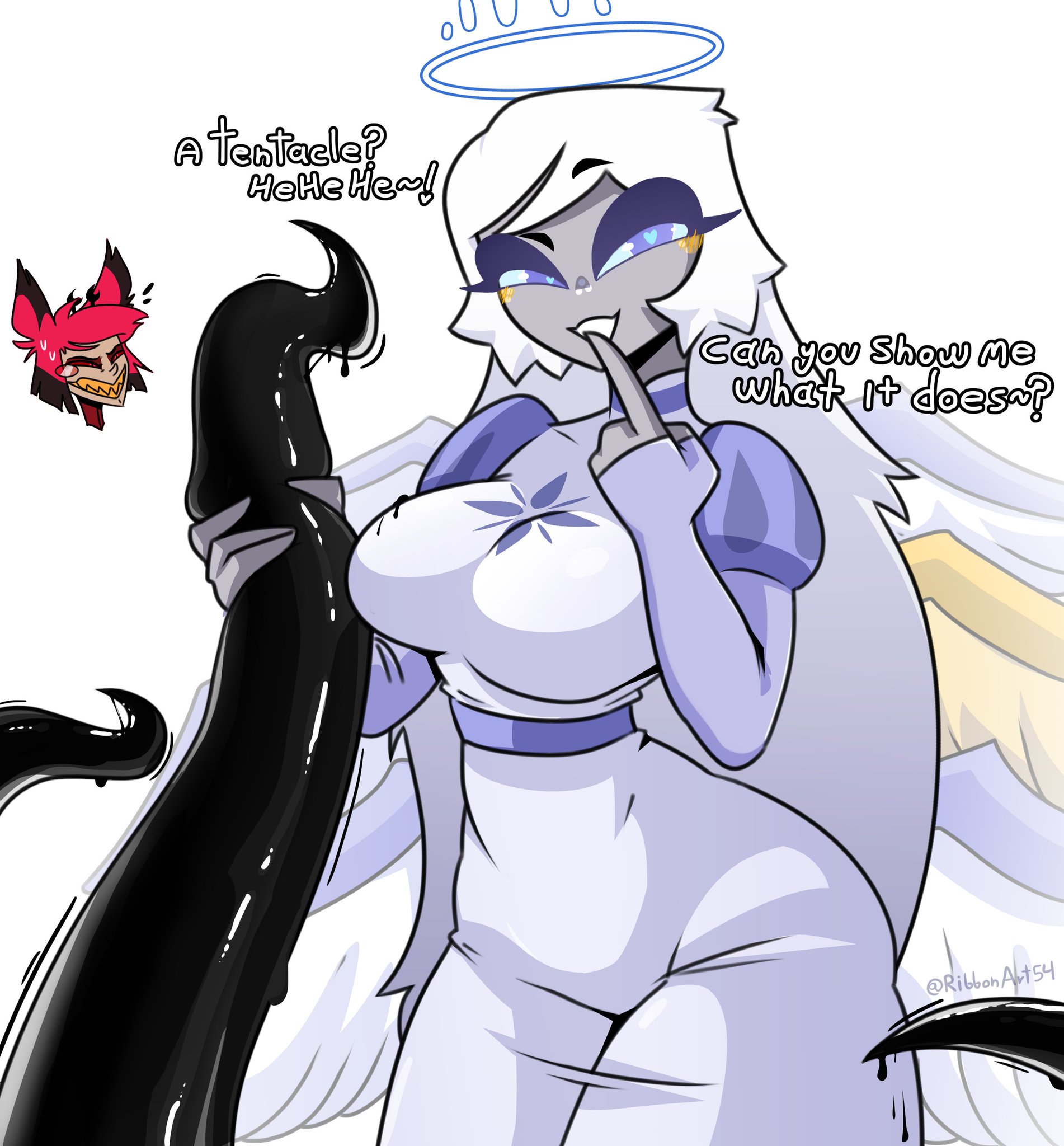 alastor (hazbin hotel), angel, dami ribbon, demon, emily (hazbin hotel), english text, female, fully clothed, hazbin hotel, male, teasing, tentacle, tentacles, thicc thighs, thick thighs