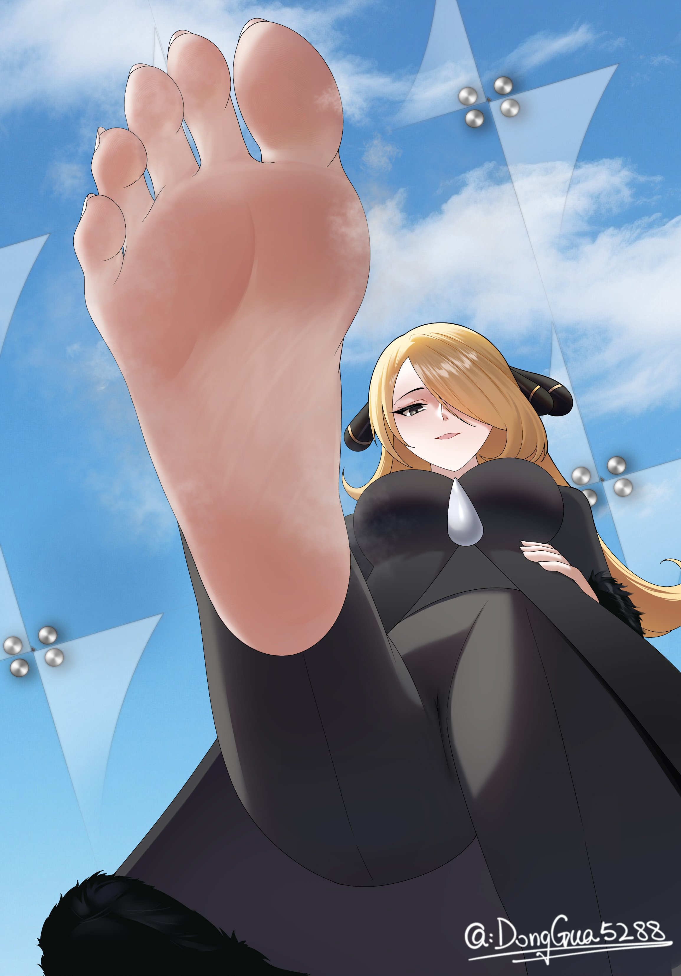 1girls, barefoot, clothed, clothed female, clothing, creatures (company), cynthia (pokemon), donggua5288, feet, female, female only, foot fetish, foot focus, from below, game freak, light skin, light-skinned female, looking at viewer, looking down, nintendo, point of view, pokemon, pokemon bdsp, pokemon dppt, pov, smell, smelly feet, soles, solo, solo female, steam, toes