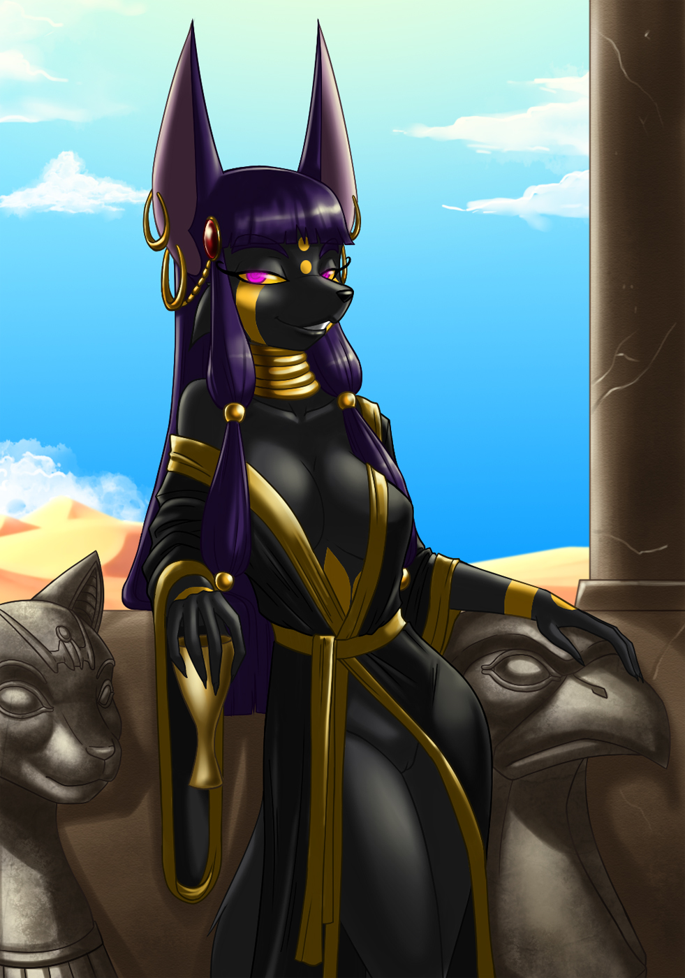 anthro anubian_jackal bastet bottomless breasts canine chalice crovirus desert eagle ear_piercing feline female fur furry glowing glowing_eyes horus jackal jewelry looking_at_viewer mammal necklace piercing pussy robe smile solo wide_hips