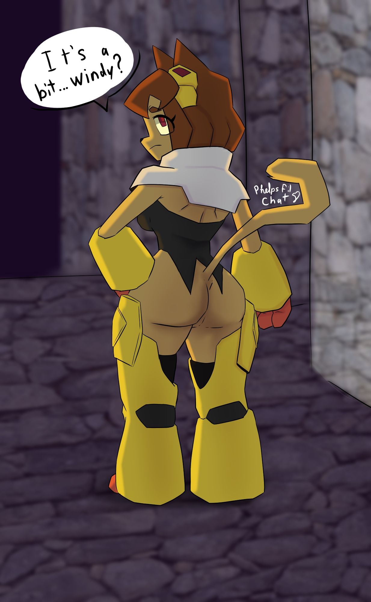 1girls, ass, black clothing, black topwear, black vest, bottomless, bottomless female, bracers, brown hair, cat ears, cat girl, cat tail, cosplay, dialogue, exposed ass, female, gameoverse, kit (gameoverse), kit bodega, phelpsfilchat, pseudoregalia, pussy, red eyes, short hair, solo, sybil (pseudoregalia), thighs