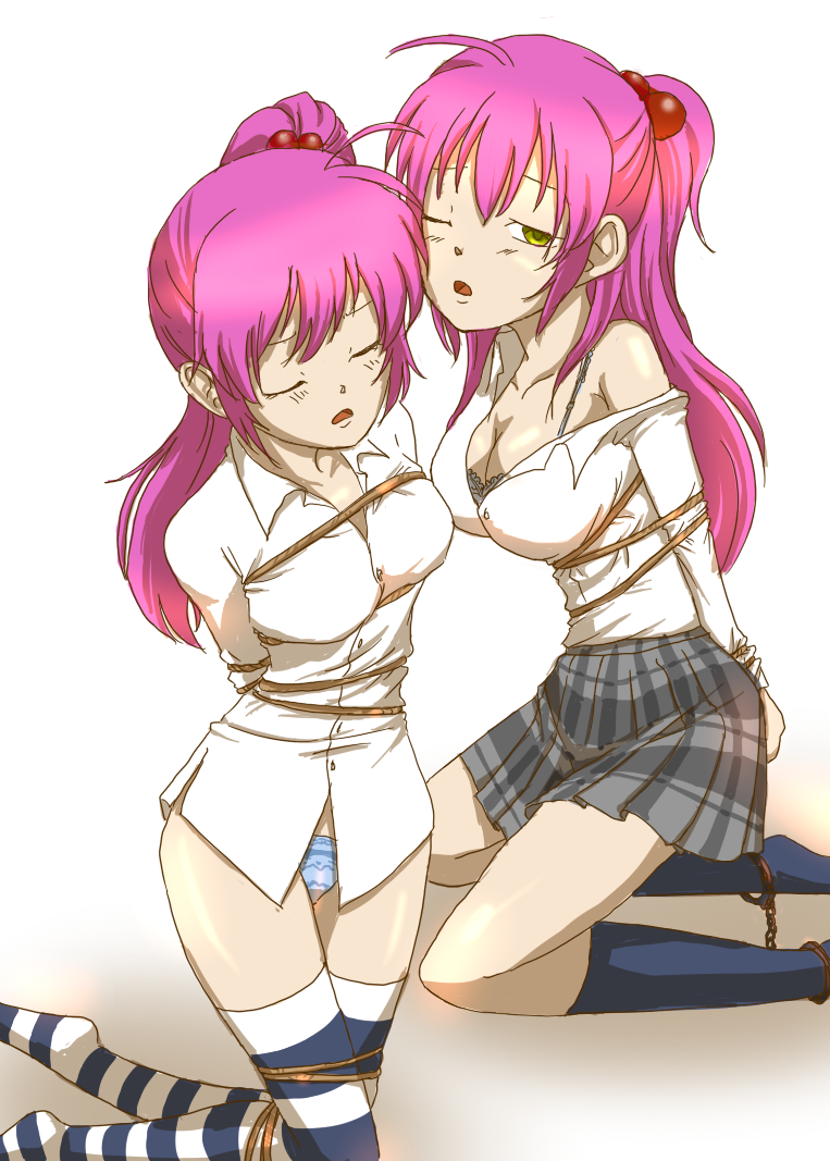 2girls bondage bondage cleavage futaki_kanata little_busters! long_hair multiple_girls panties pink_hair rope saigusa_haruka side_ponytail skirt yellow_eyes