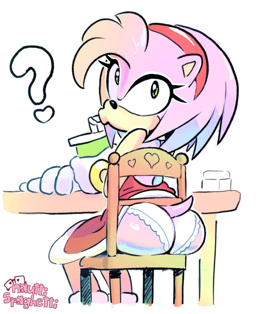 2d, 2d (artwork), amy rose, big ass, bubble butt, butt, butt focus, chair, clothed, cute, drinking, female, female only, gloves, green eyes, hedgehog, lips, looking at viewer, looking back, mobian (species), nautti spaghetti, panties, pink hair, puzzled, round ass, round butt, sega, soda, sonic (series), sonic the hedgehog (series), upskirt, wide eyed