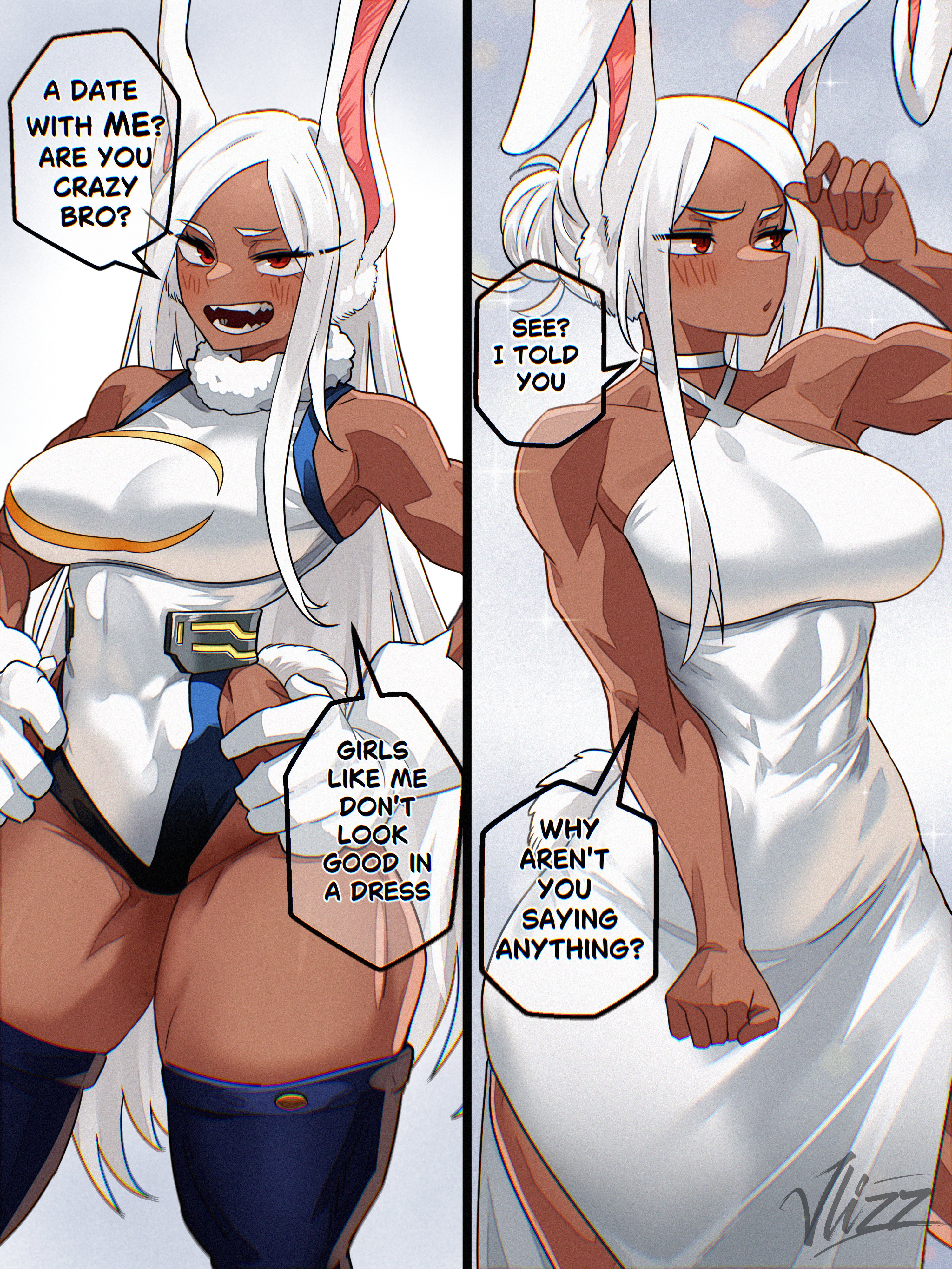 2d, bare thighs, blushing, boku no hero academia, buff, bunny ear, bunny ears, bunny girl, bunny tail, costume, dark-skinned female, dress, elegant dress, embarrassed, embarrassed female, halter dress, halterneck, hourglass figure, hourglass figured female, large breasts, long hair, manga, miruko, muscular, muscular female, my hero academia, playing with hair, red eyes, rumi usagiyama, slim waist, tagme, thick thighs, tied hair, tight clothing, tight fit, tomboy feminized, vlizz, white hair, wide hips