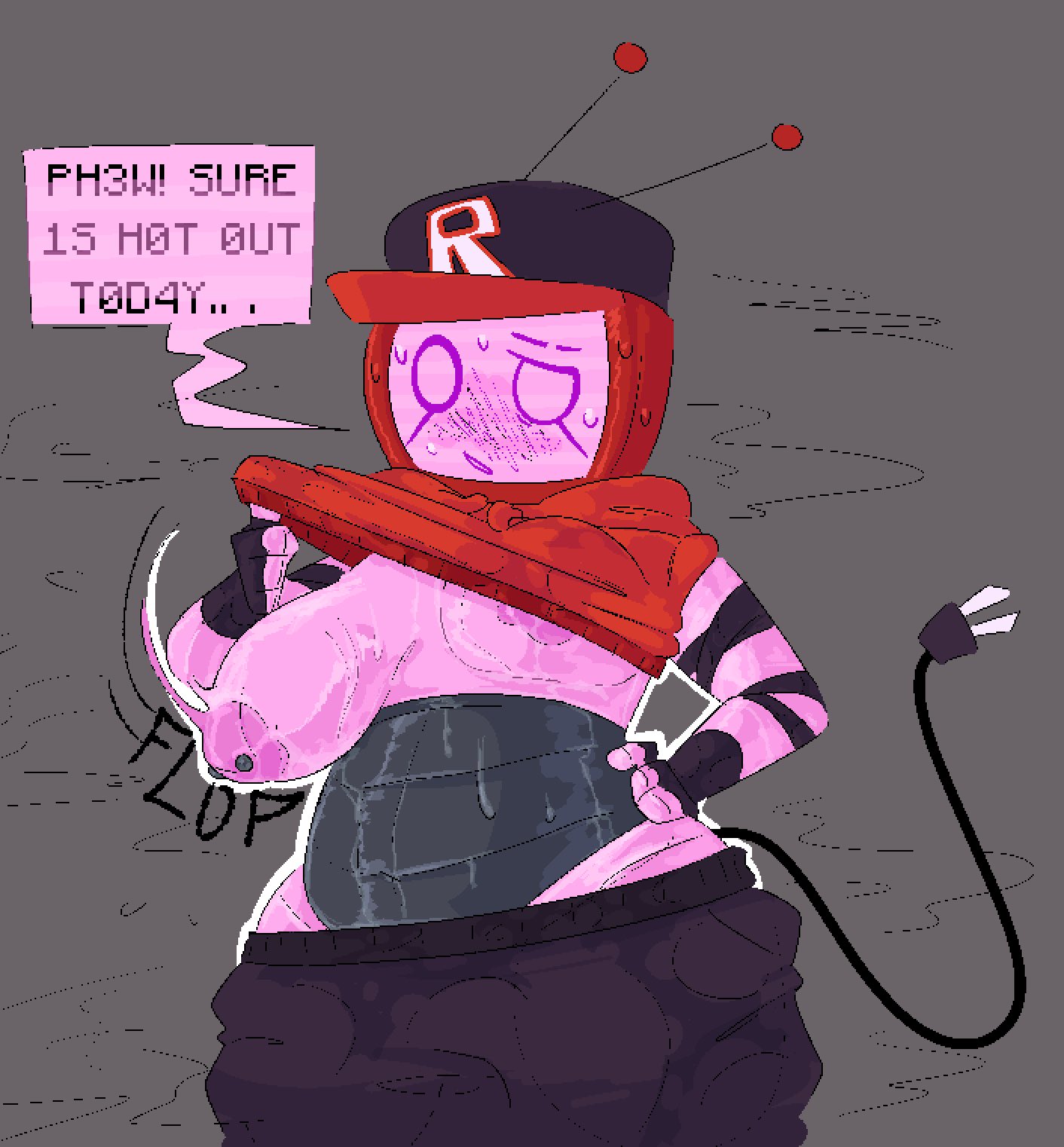 1girls areolae big_breasts breakcoreyuri breasts forsaken_(roblox) nipple_piercing nipples one_breast_out roblox roblox_game robloxian robot robot_girl speech_bubble sweat tagme tv_head veeronica