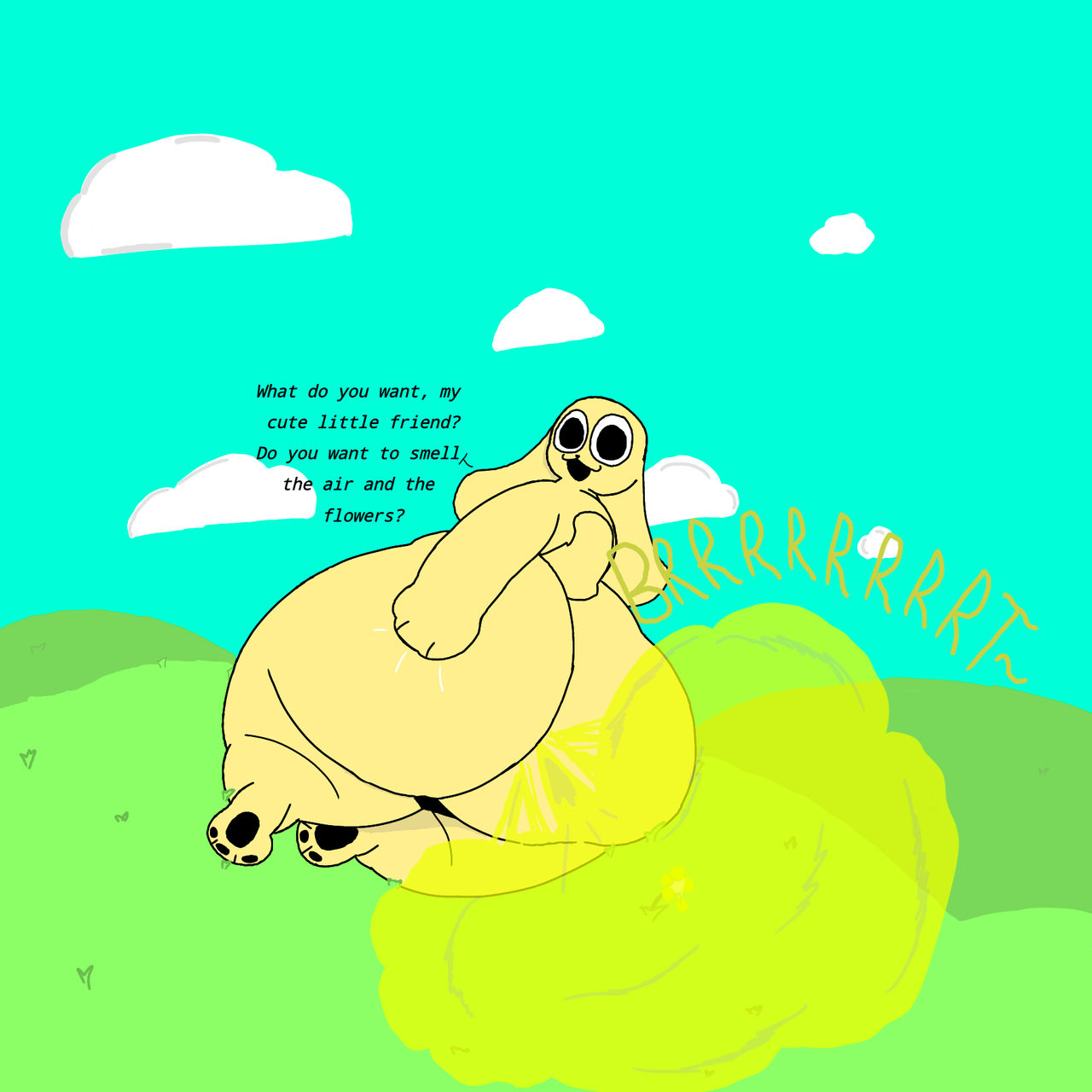 2d 2d_(artwork) ass ass_focus big_ass black_eyes bubble_ass chikn_nuggit chikn_nuggit_(chikn_nuggit) clouds day digital_media_(artwork) dog fart fart_cloud fart_fetish farting_on_object flower hill image laying_down laying_on_side long_ears looking_at_viewer looking_back male male_focus male_only paws puppy spank spanking_own_ass tagme talking talking_to_viewer unknown_artist wilting_flowers yellow_body