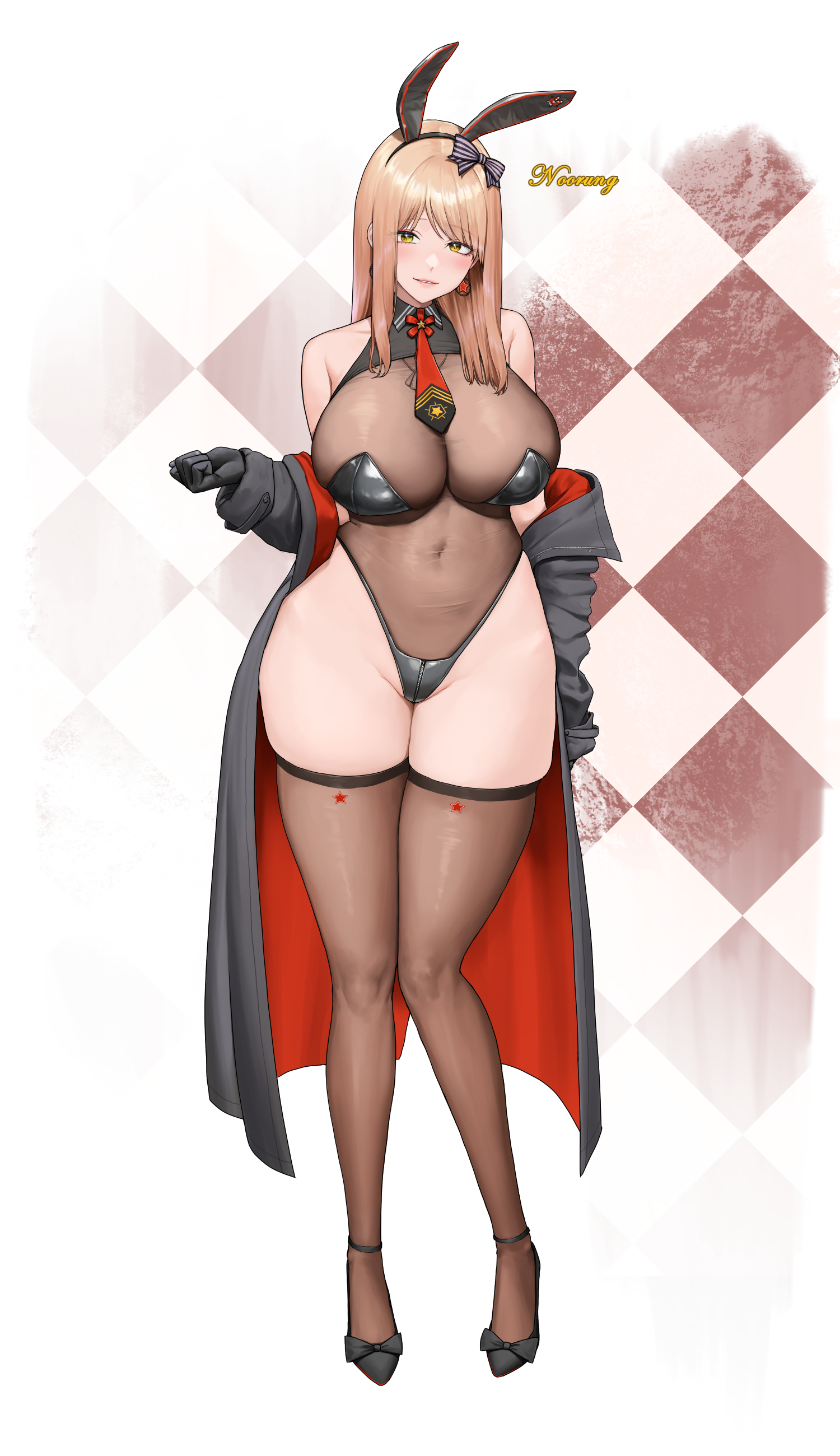 1girls, amber eyes, artist name, beige hair, belly button, big breasts, bow, breasts, bunny ears, bunny girl, bunnysuit, coat, earrings, emma (nikke), exposed shoulders, female, female only, gloves, goddess of victory: nikke, hips, hips wider than shoulders, knees, lips, looking at viewer, mostly nude, noorung, pale skin, pale-skinned female, see-through clothing, shiny skin, smile, smiling at viewer, tagme, thick thighs, thighs, tie, tight clothing