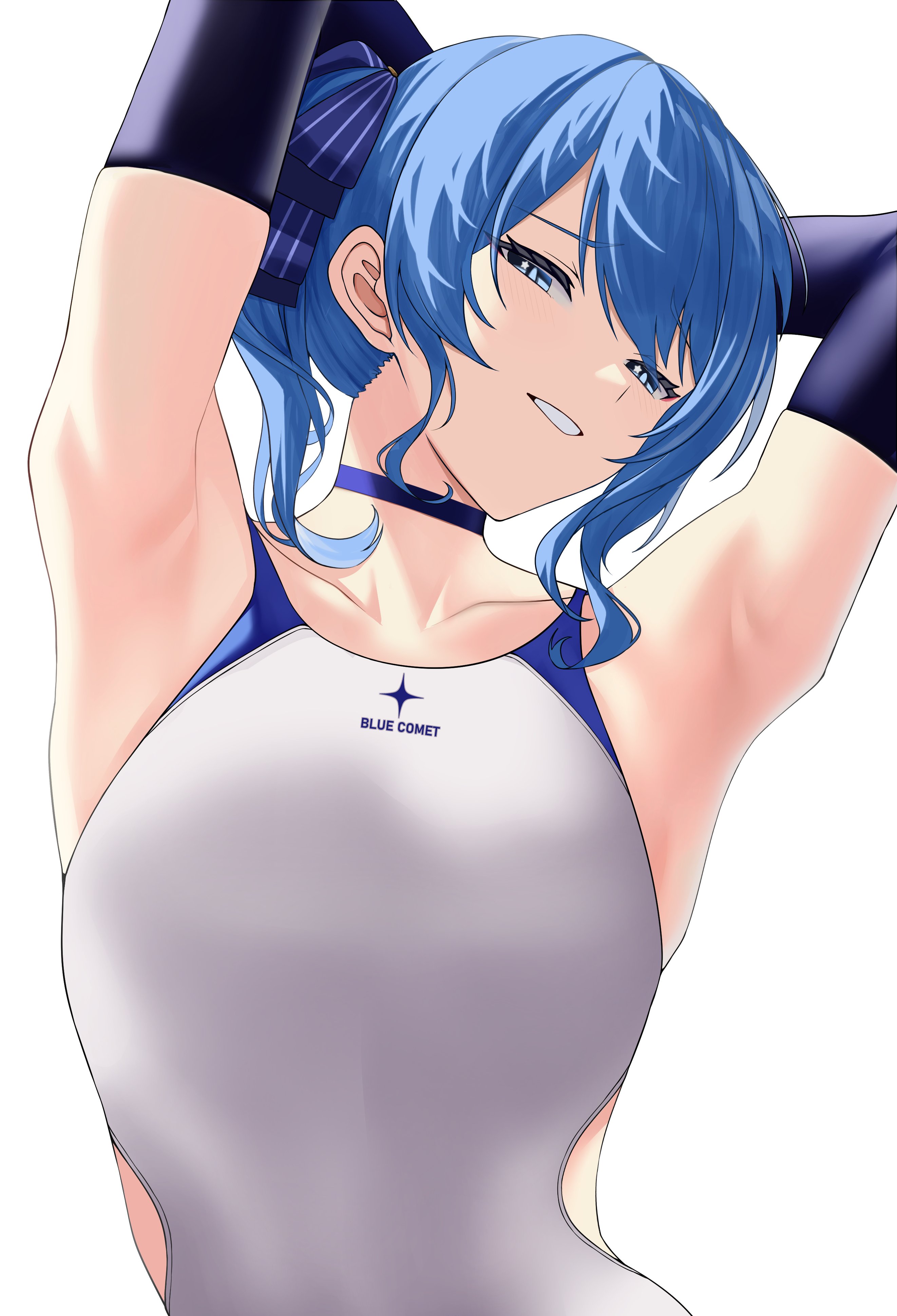 1girl, absurdres, armpits, arms behind head, arms up, blue choker, blue eyes, blue hair, choker, clothing cutout, highres, hip vent, hololive, hololive japan, hoshimachi suisei, looking at viewer, one-piece swimsuit, si farid, side ponytail, simple background, smile, solo, swimsuit, virtual youtuber