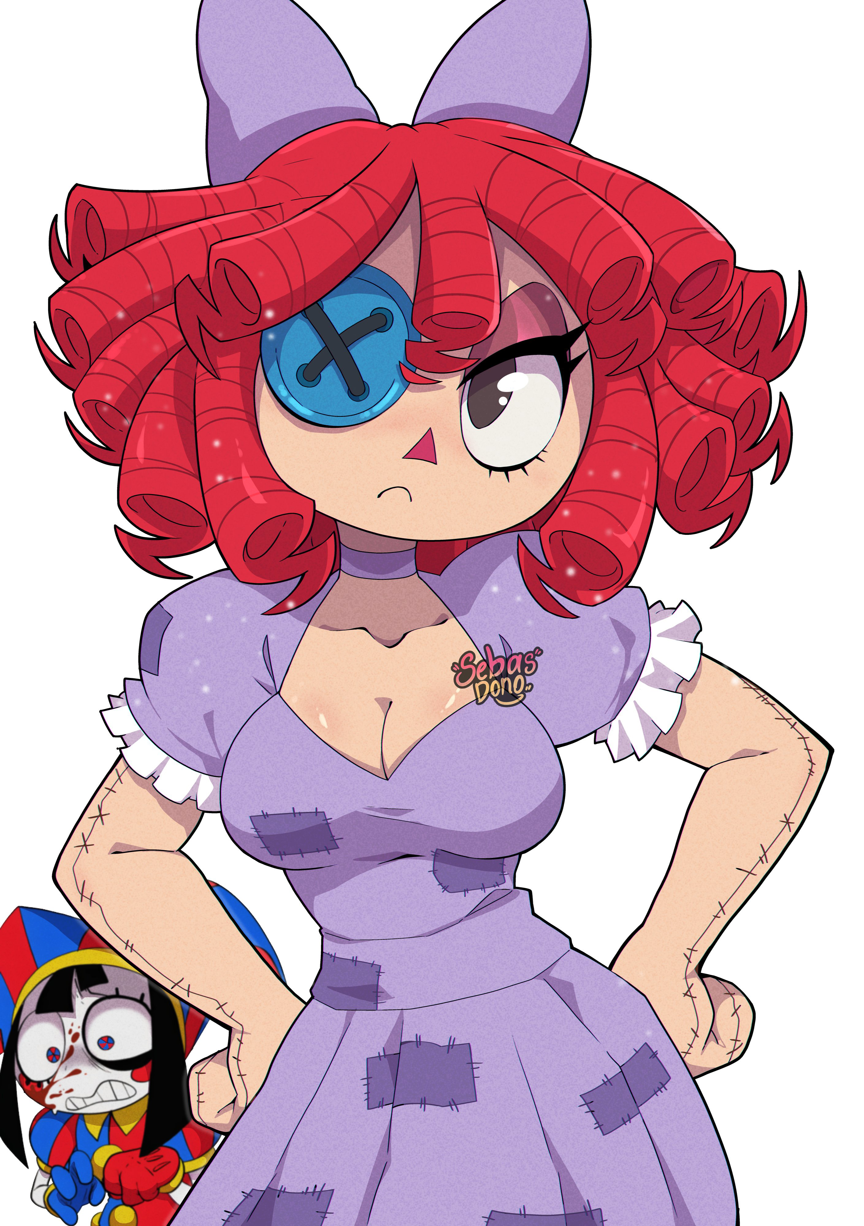 annoyed expression, blood on face, bow, button eye, choker, clavicle, cleavage, doll girl, fully clothed, glitch productions, gooseworx, hands on, hands on hips, jester, jester girl, jester hat, low-cut dress, medium breasts, pomni, pomni (the amazing digital circus), purple dress, ragatha, ragatha (tadc), ragatha (the amazing digital circus), ragdoll, red hair, red-haired female, sebasdono, sfw, tagme, tagme (source), the amazing digital circus