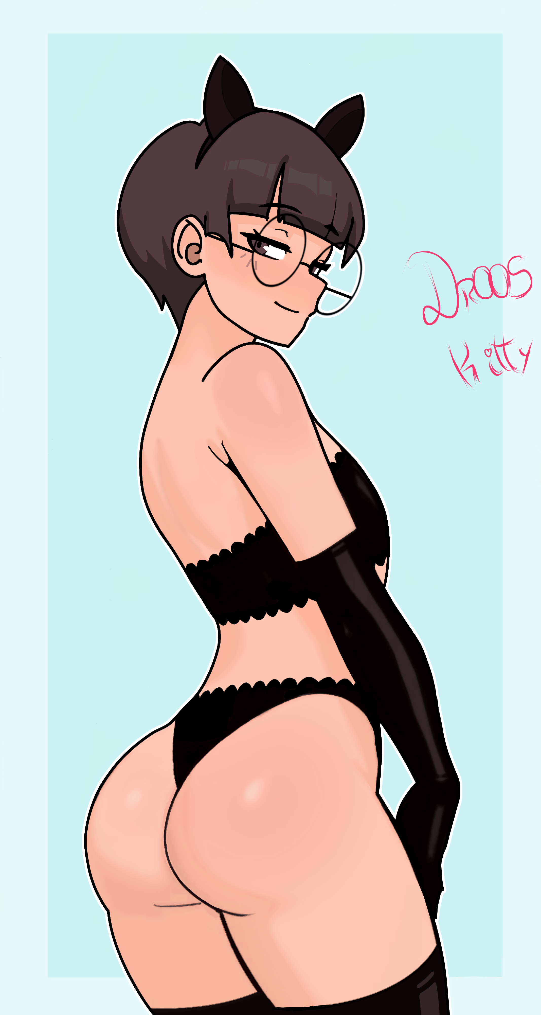 black gloves, black outfit, black socks, boy, brown eyes, brown hair, cat ears, femboy, glasses, gloves, jewels (dross), outfit, ruby (dross), smile, smiling, socks, white body, white skin