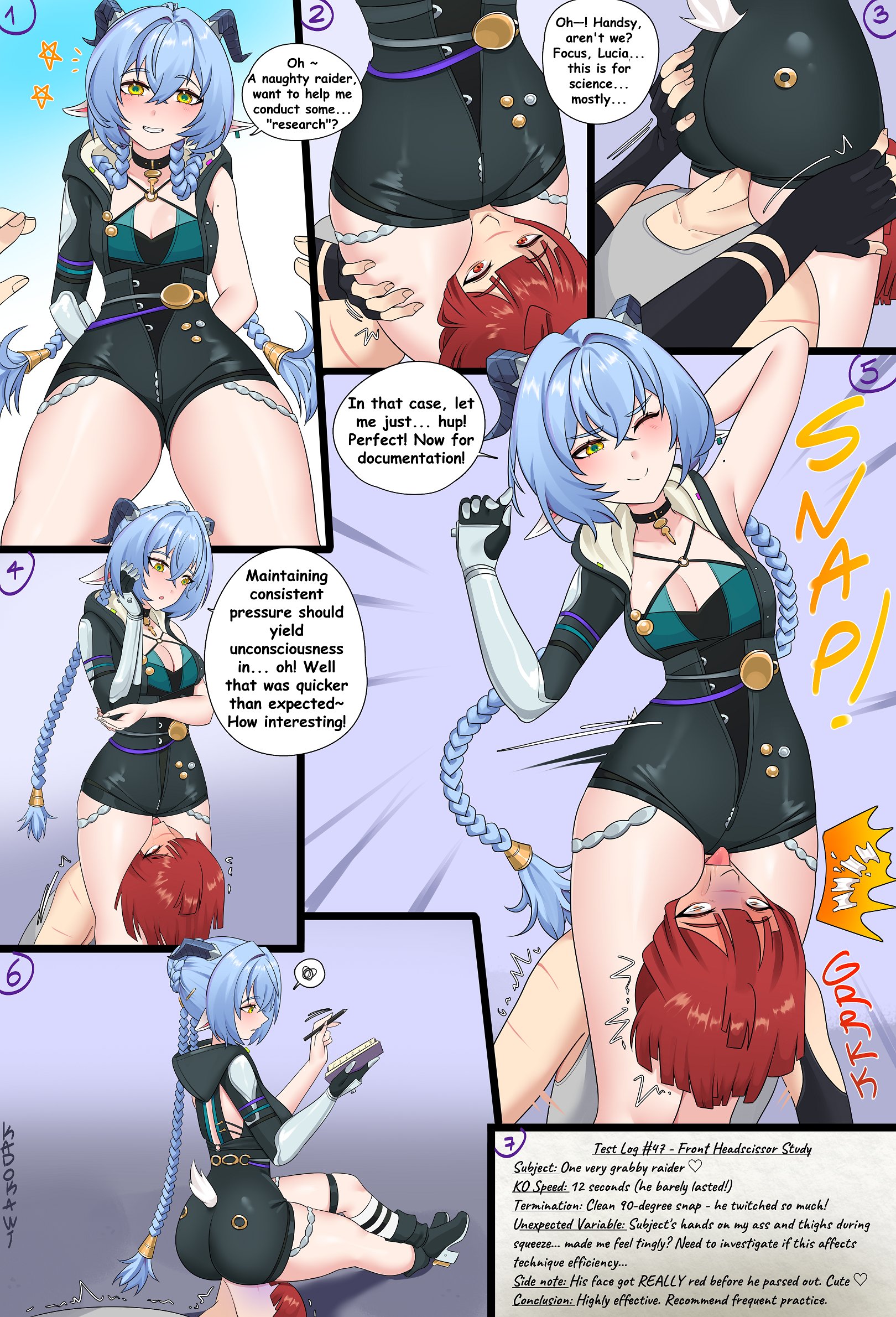 ass, blue hair, braided hair, death, death by snoo snoo, facesitting, female, guro, head between thighs, headscissor, horns, lucia elowen, male, oc, red hair, sitting on face, tail, thighs, zenless zone zero