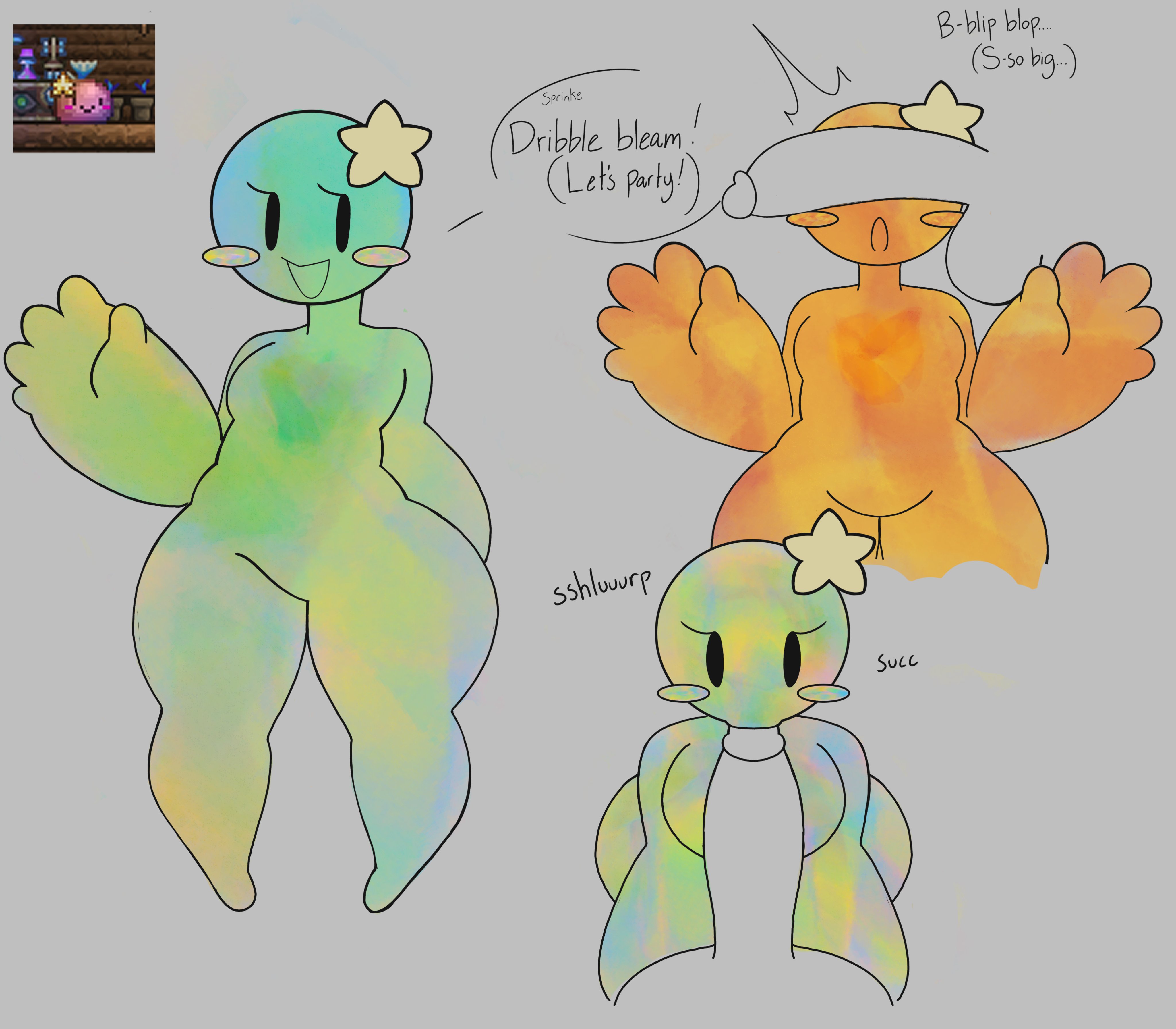 1girls, 2023, anthro, artist request, blowjob, blush stickers, bottom heavy, diva slime, female, humanoid, multicolored body, penis, penis awe, penis on face, penis over eyes, slime, slime girl, smile, sucking, sucking penis, terraria, text