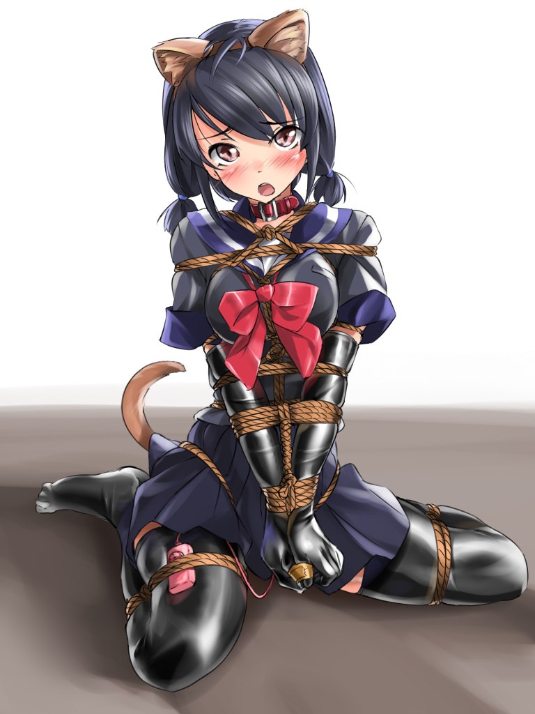 arms tied, bondage, bound thumbs, cat ears, character request, clothed, clothed female, collar, copyright request, female, female only, looking at viewer, maimai11, rope, rope bondage, shiny clothes, source request, tagme, tail, thumb bondage, twintails, vibrator, vibrator on thigh, vibrator under clothes
